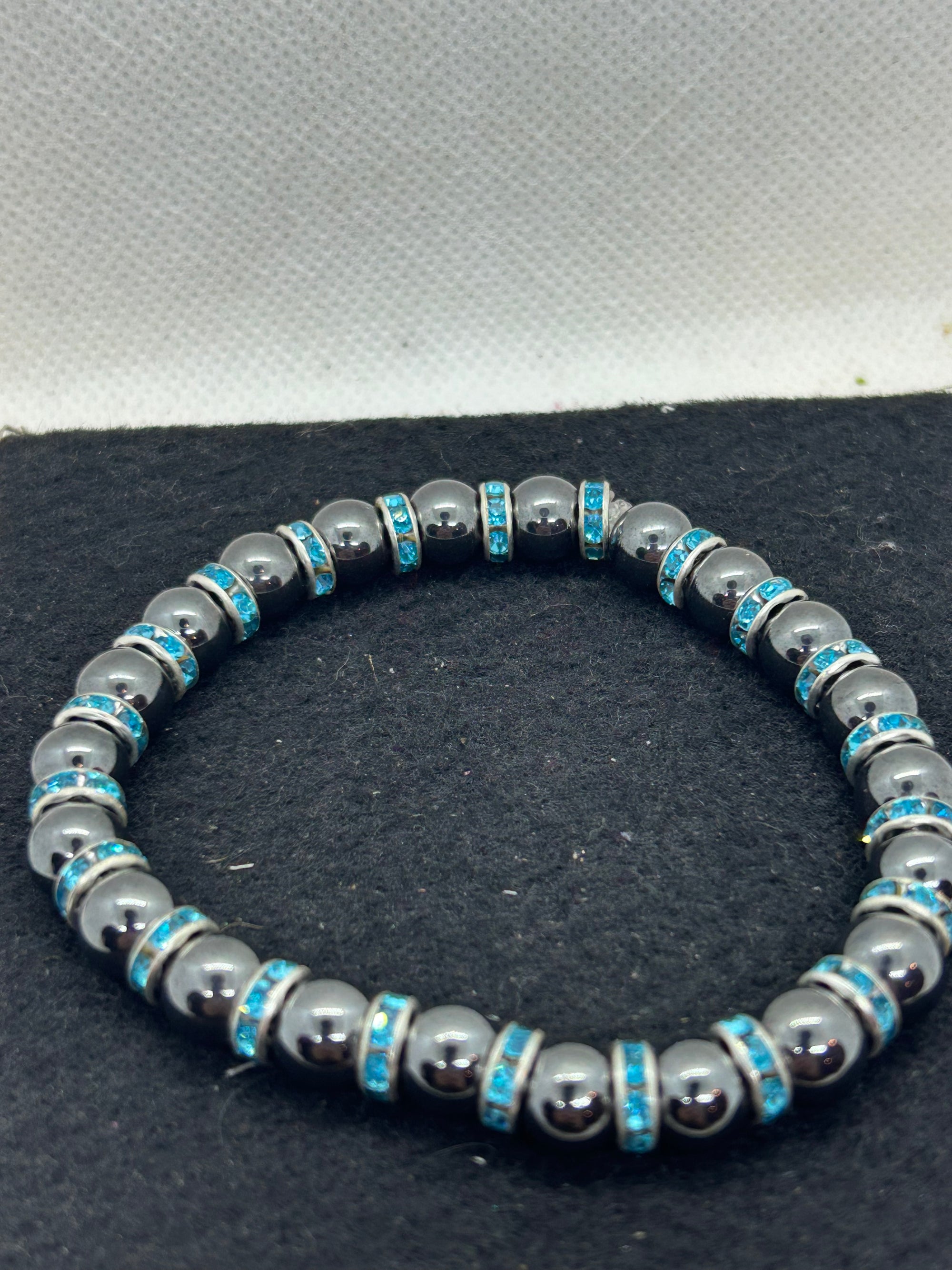 Black Hematite with Teal Rhinestone Beaded Bracelet