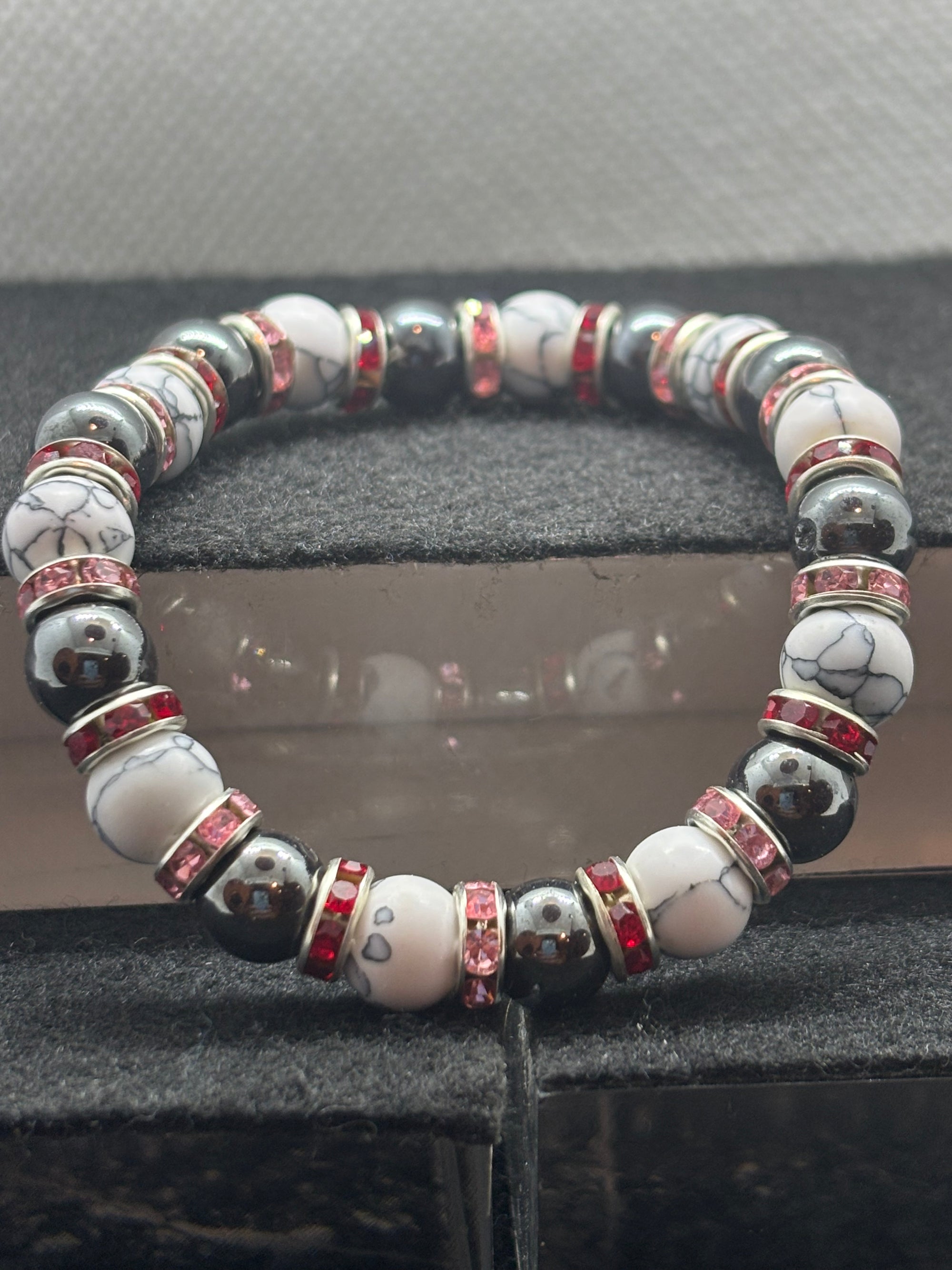 Howl Lite and Hematite Beaded Bracelet with Red Rhinestone spacers