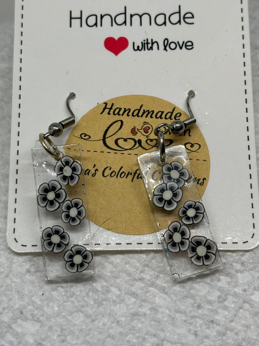 Black and White Flowered Earrings