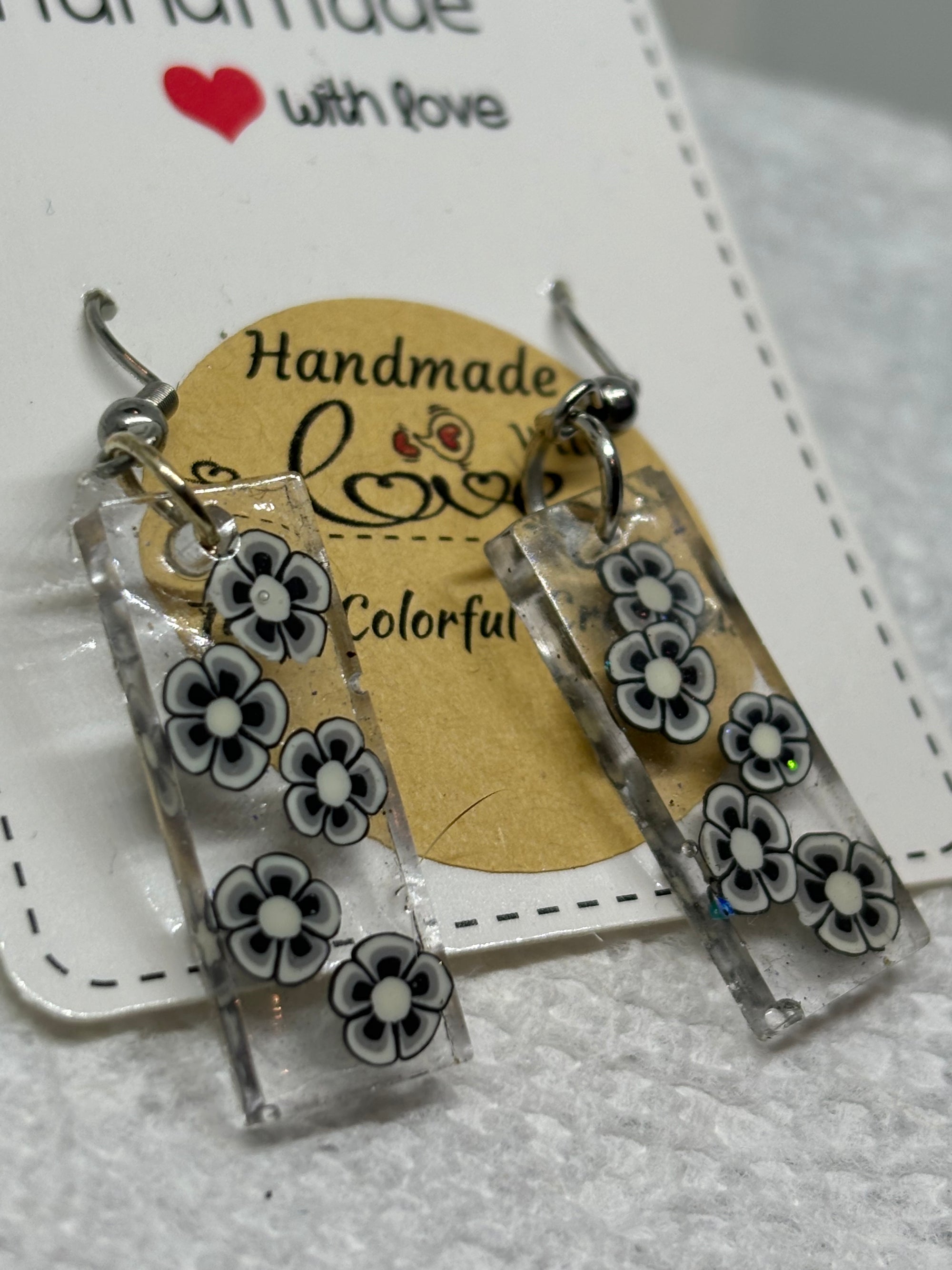 Black and White Flowered Earrings