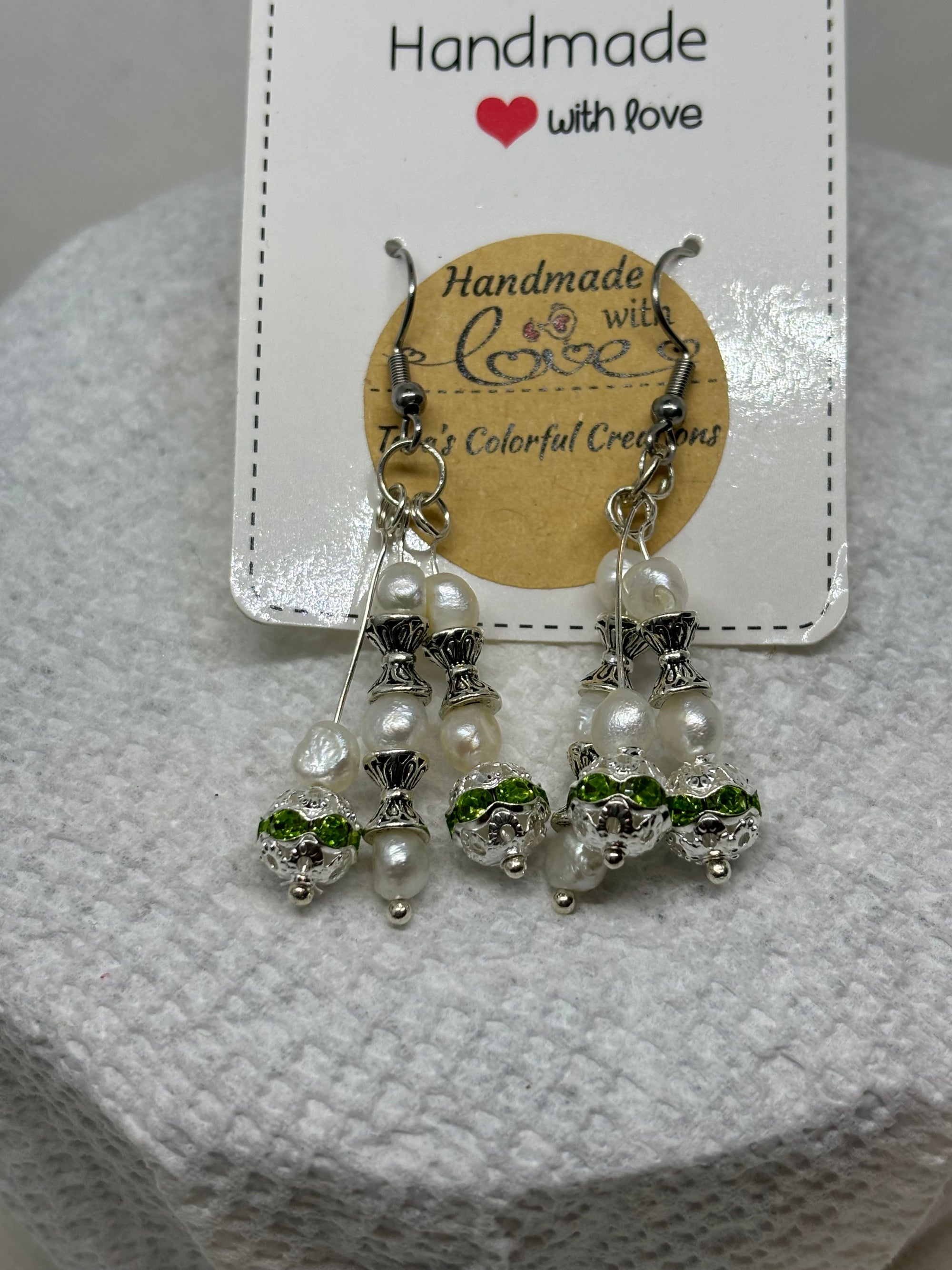 Fresh Water Pearl Earrings with Green Rhinestones