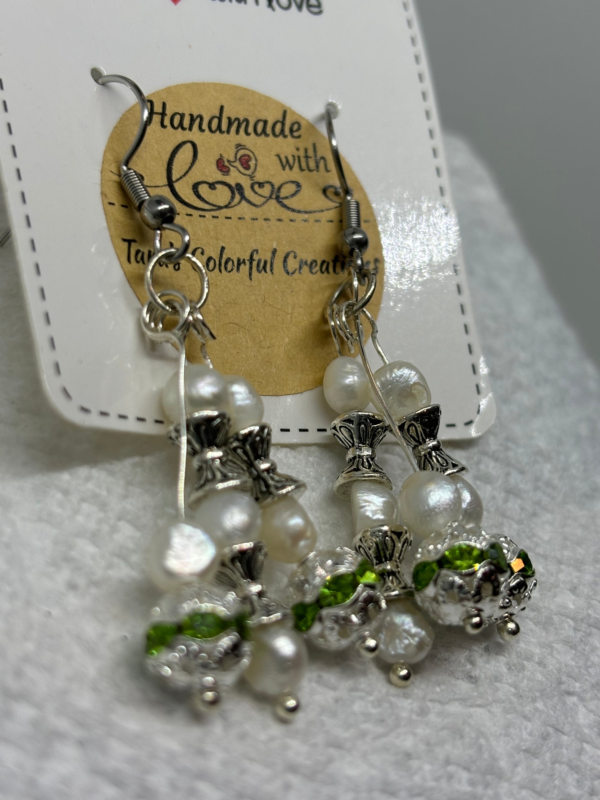 Fresh Water Pearl Earrings with Green Rhinestones