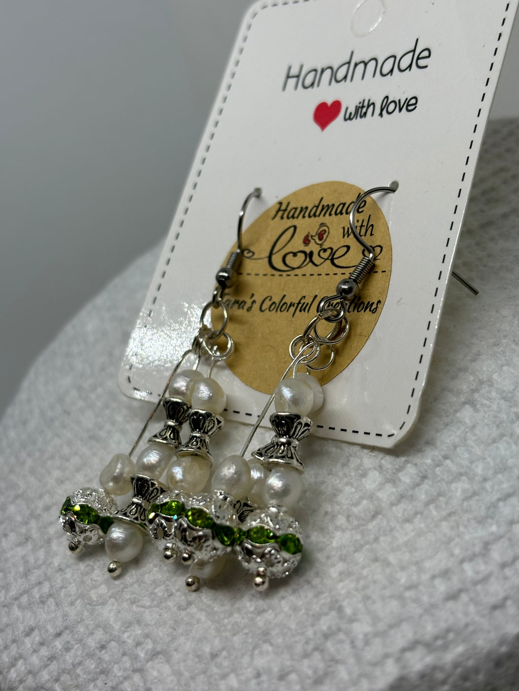 Fresh Water Pearl Earrings with Green Rhinestones