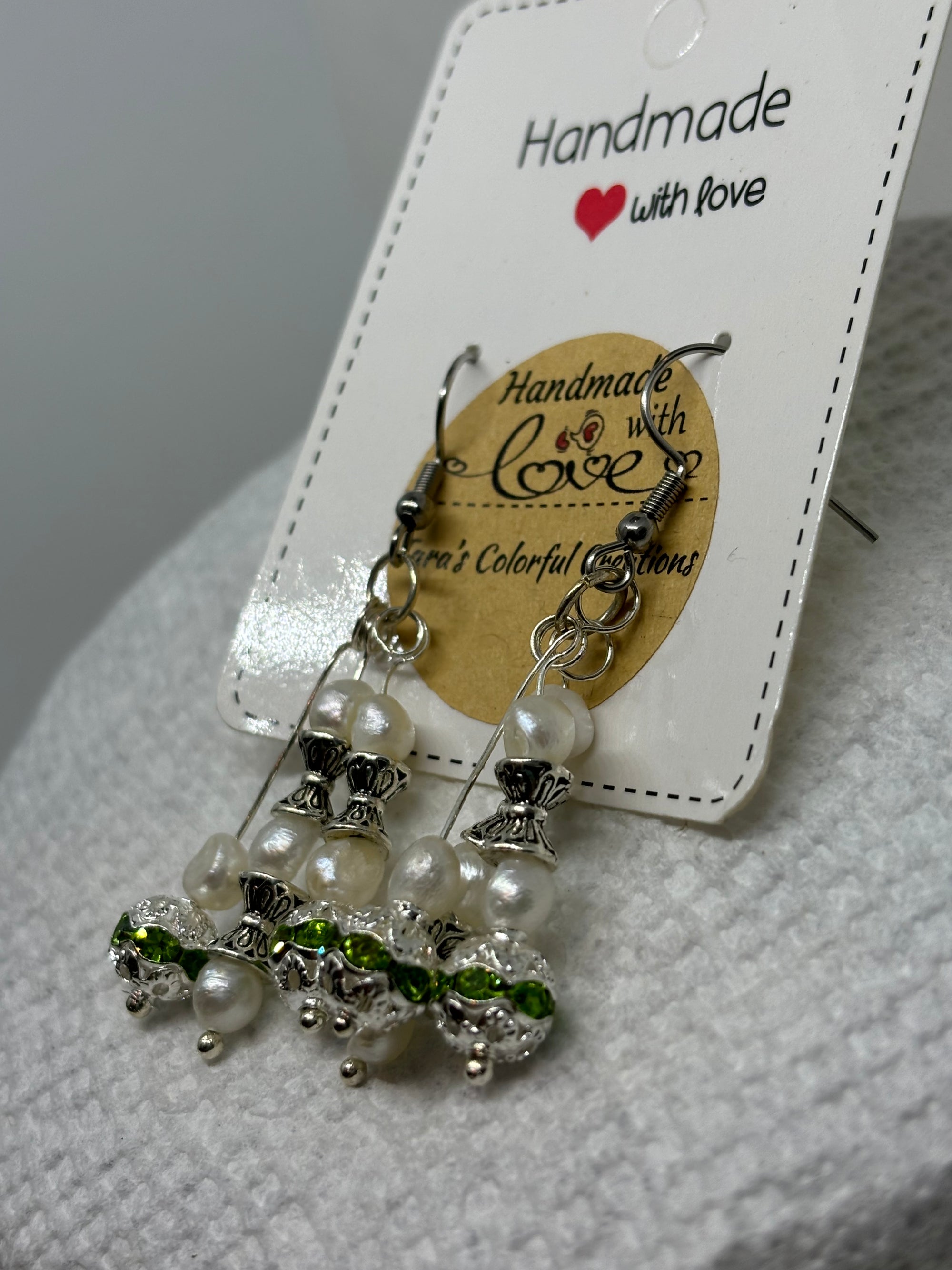 Fresh Water Pearl Earrings with Green Rhinestones
