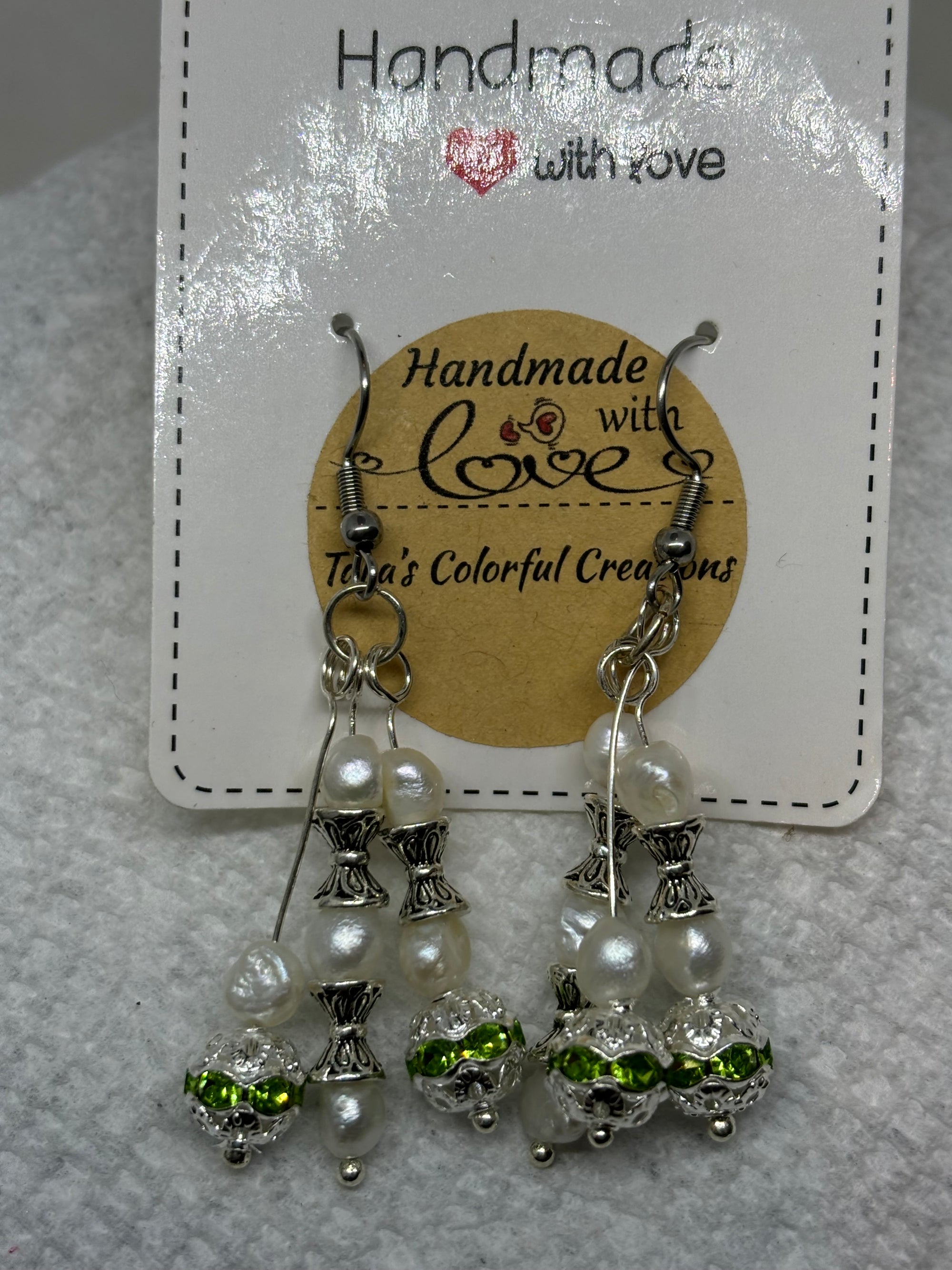 Fresh Water Pearl Earrings with Green Rhinestones
