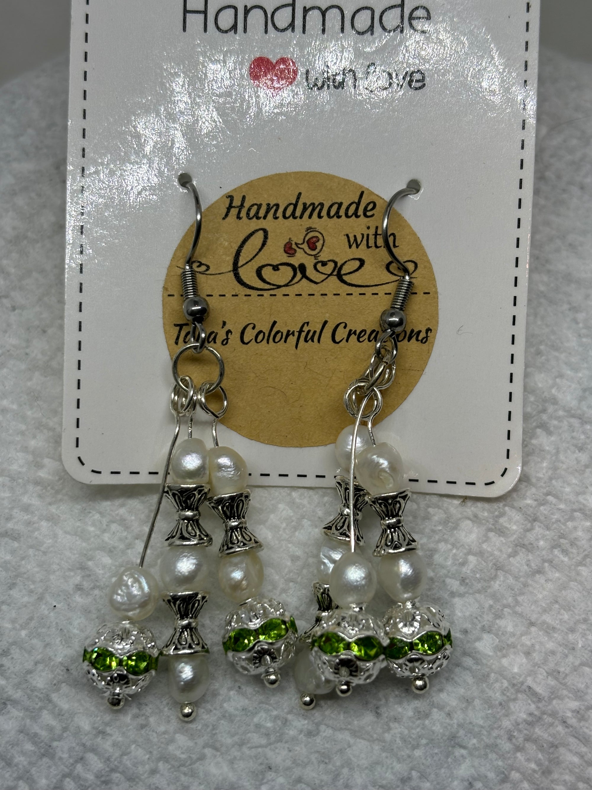 Fresh Water Pearl Earrings with Green Rhinestones
