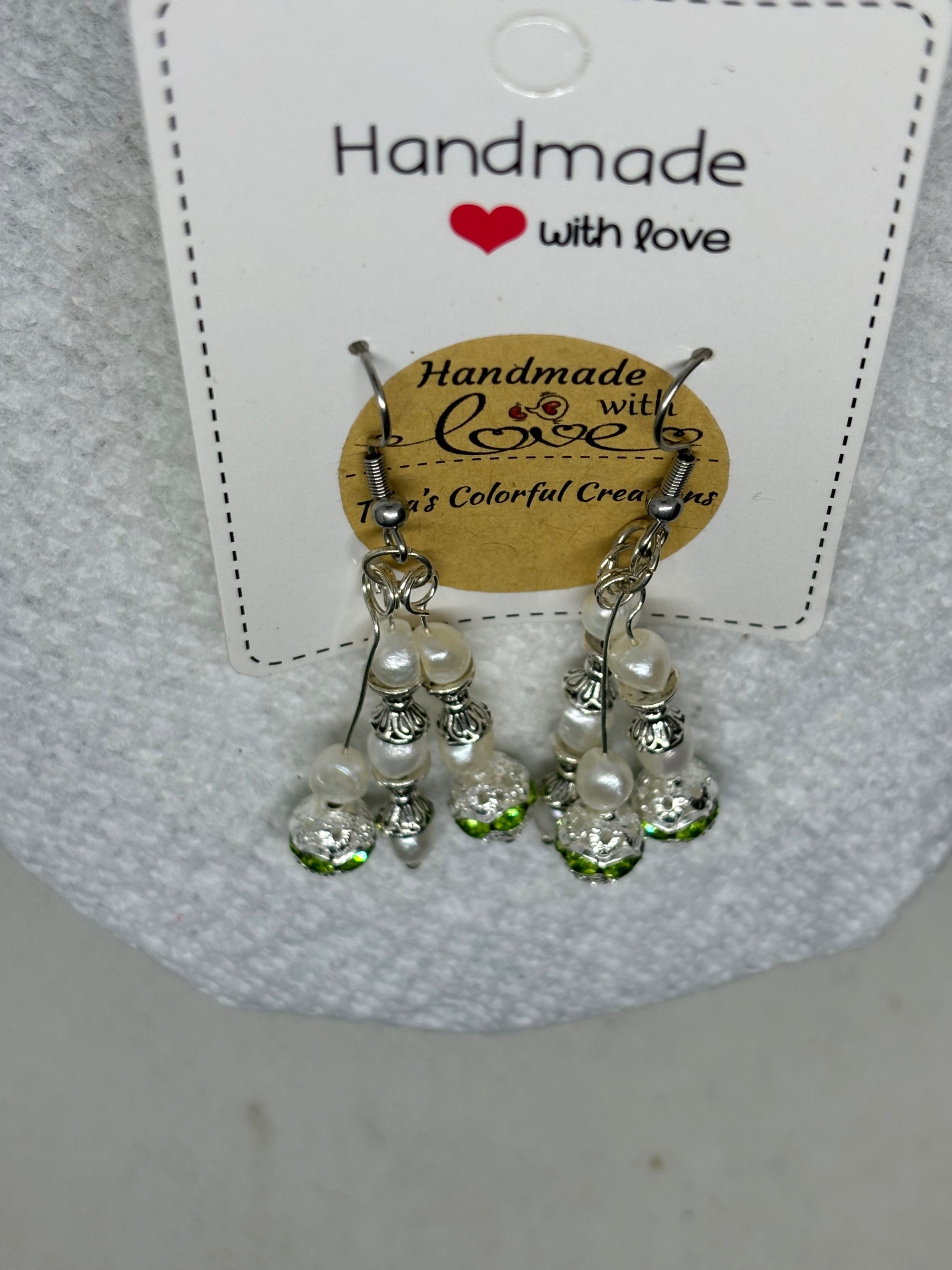 Fresh Water Pearl Earrings with Green Rhinestones