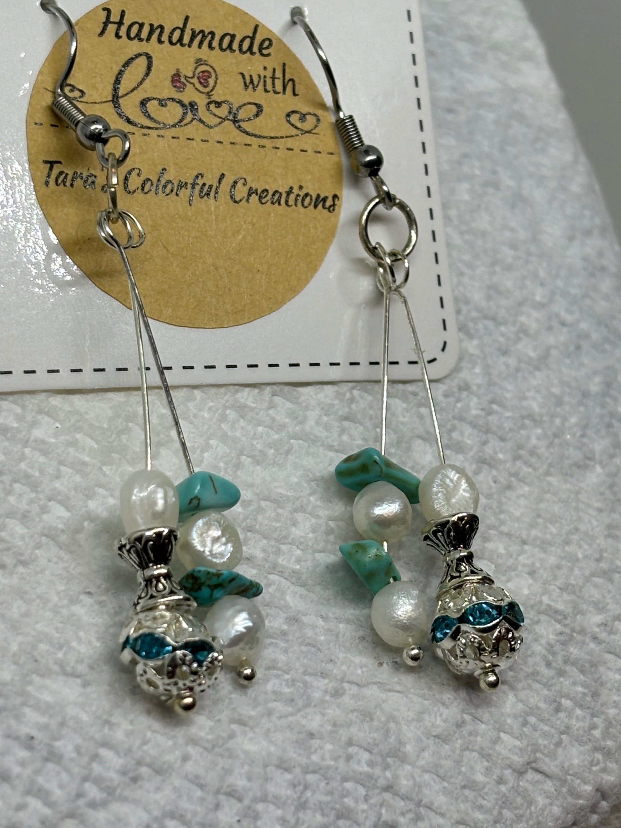 Fresh Water Pearl with Teal Rhinestone Earrings