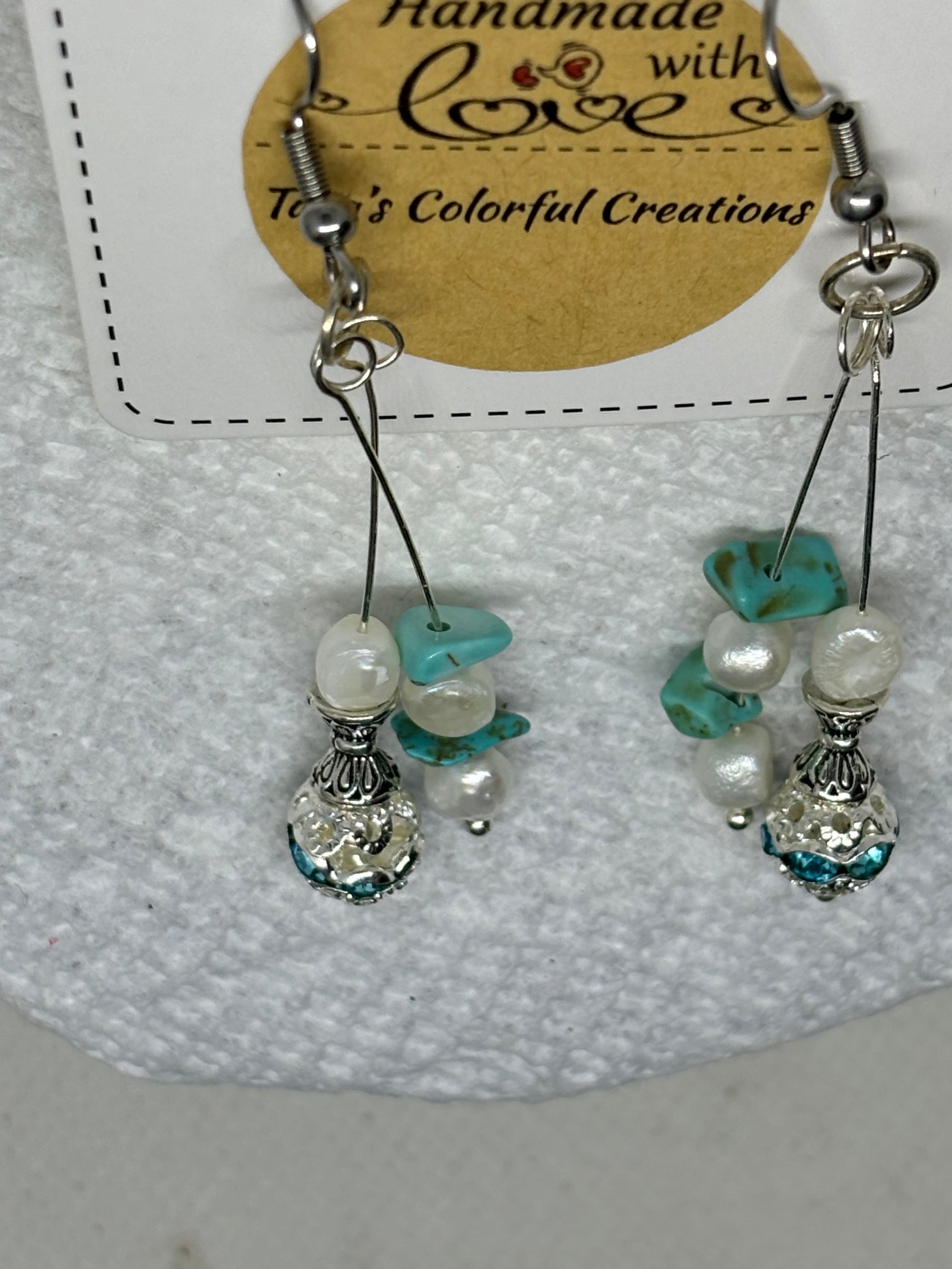 Fresh Water Pearl with Teal Rhinestone Earrings