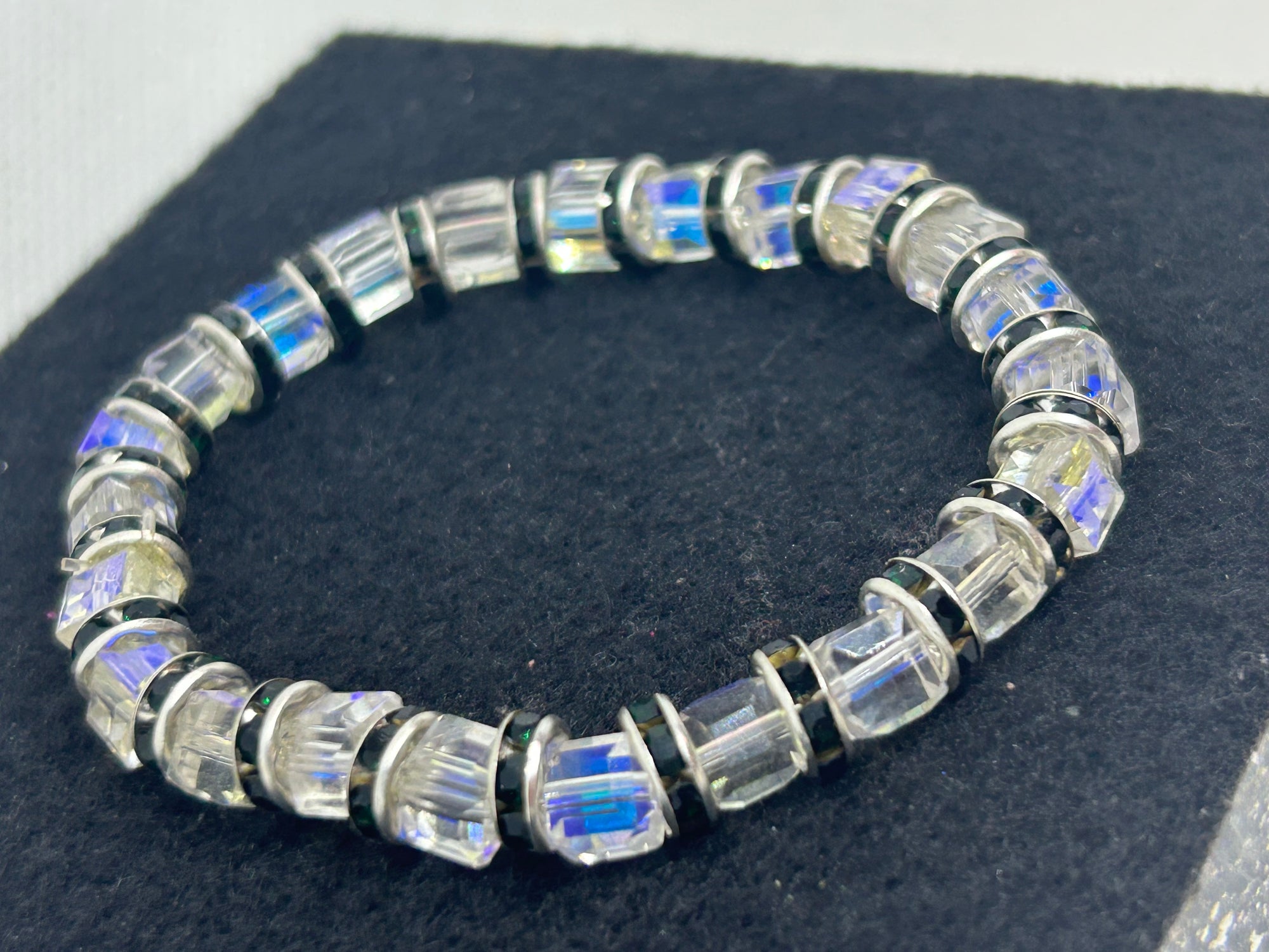 Glass and Black Rhinestone Beaded Bracelet