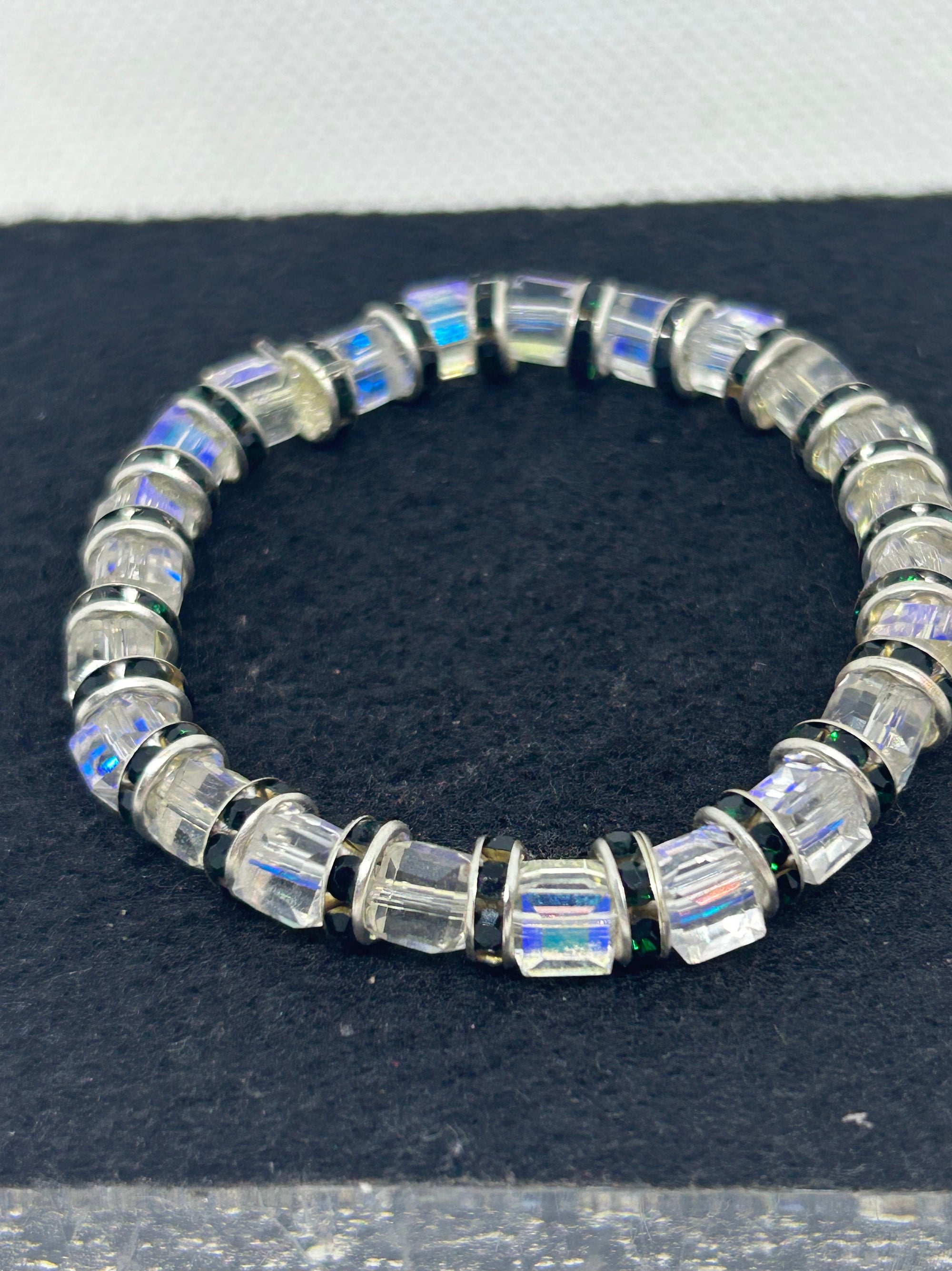 Glass and Black Rhinestone Beaded Bracelet