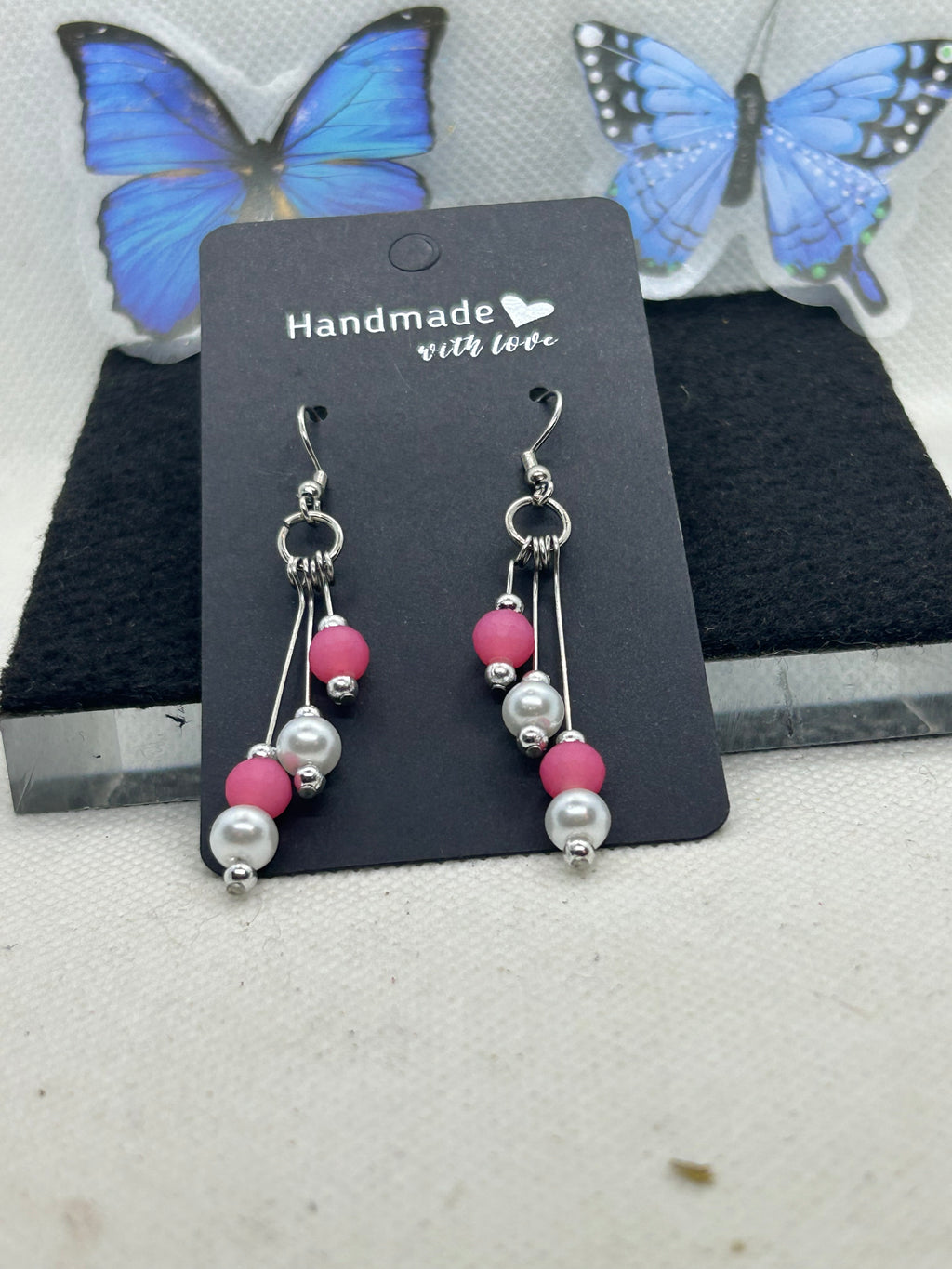 Pink and Silver Beaded Earrings