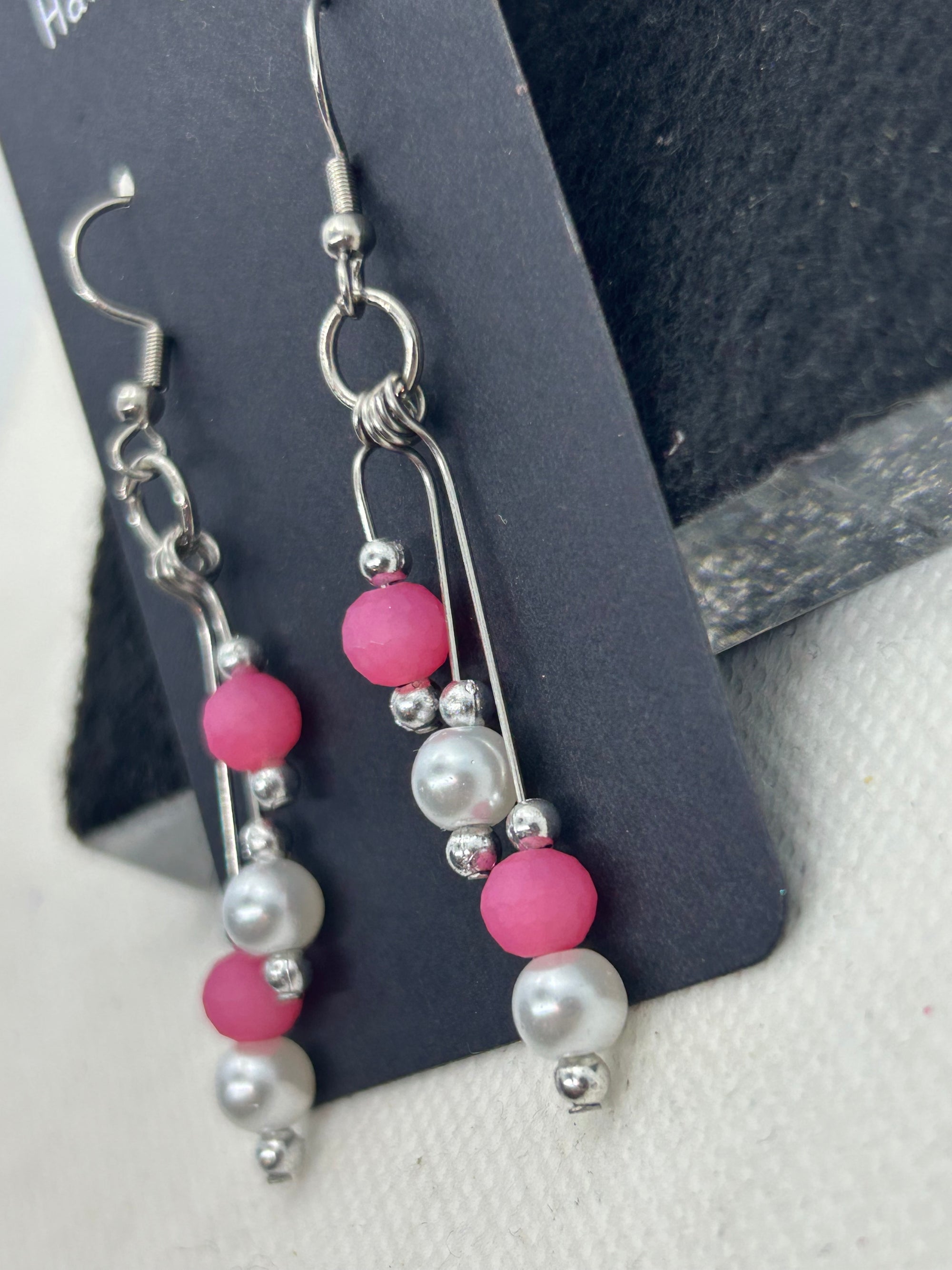 Pink and Silver Beaded Earrings