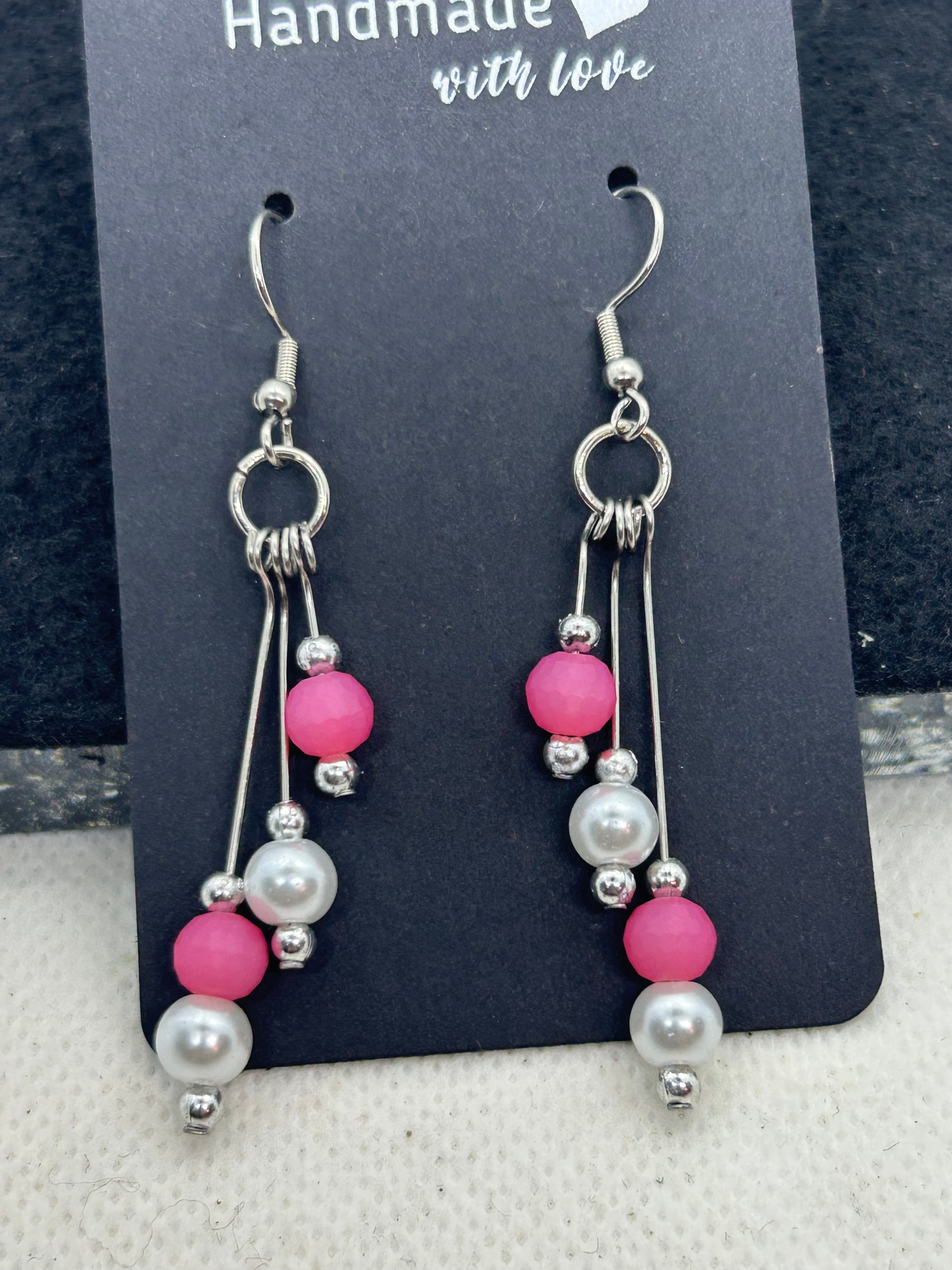 Pink and Silver Beaded Earrings