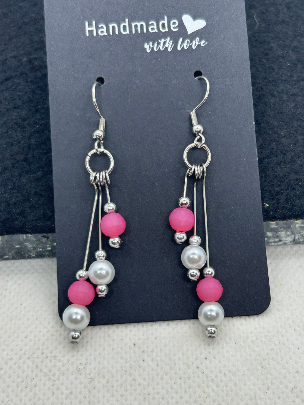 Pink and Silver Beaded Earrings