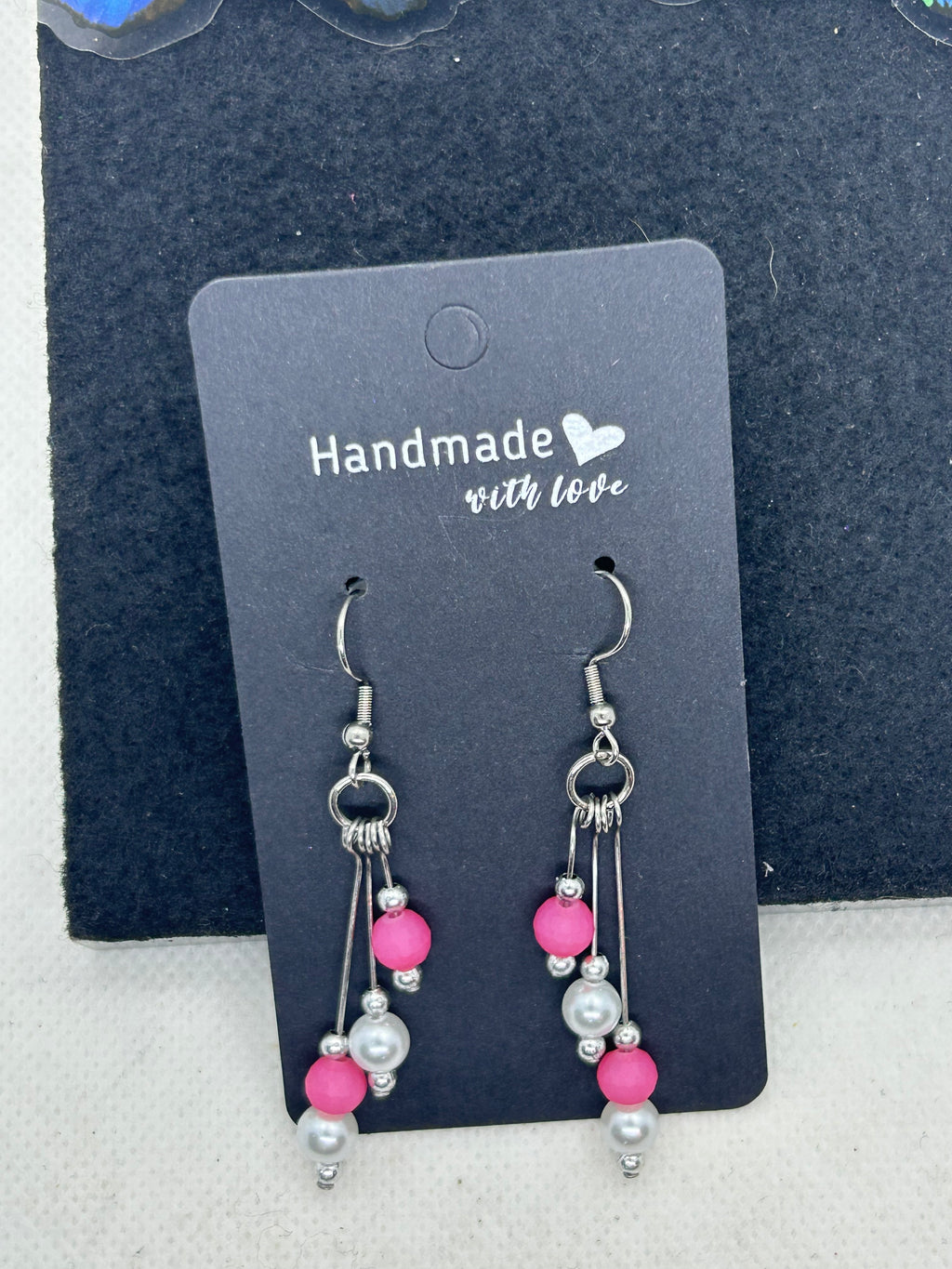 Pink and Silver Beaded Earrings