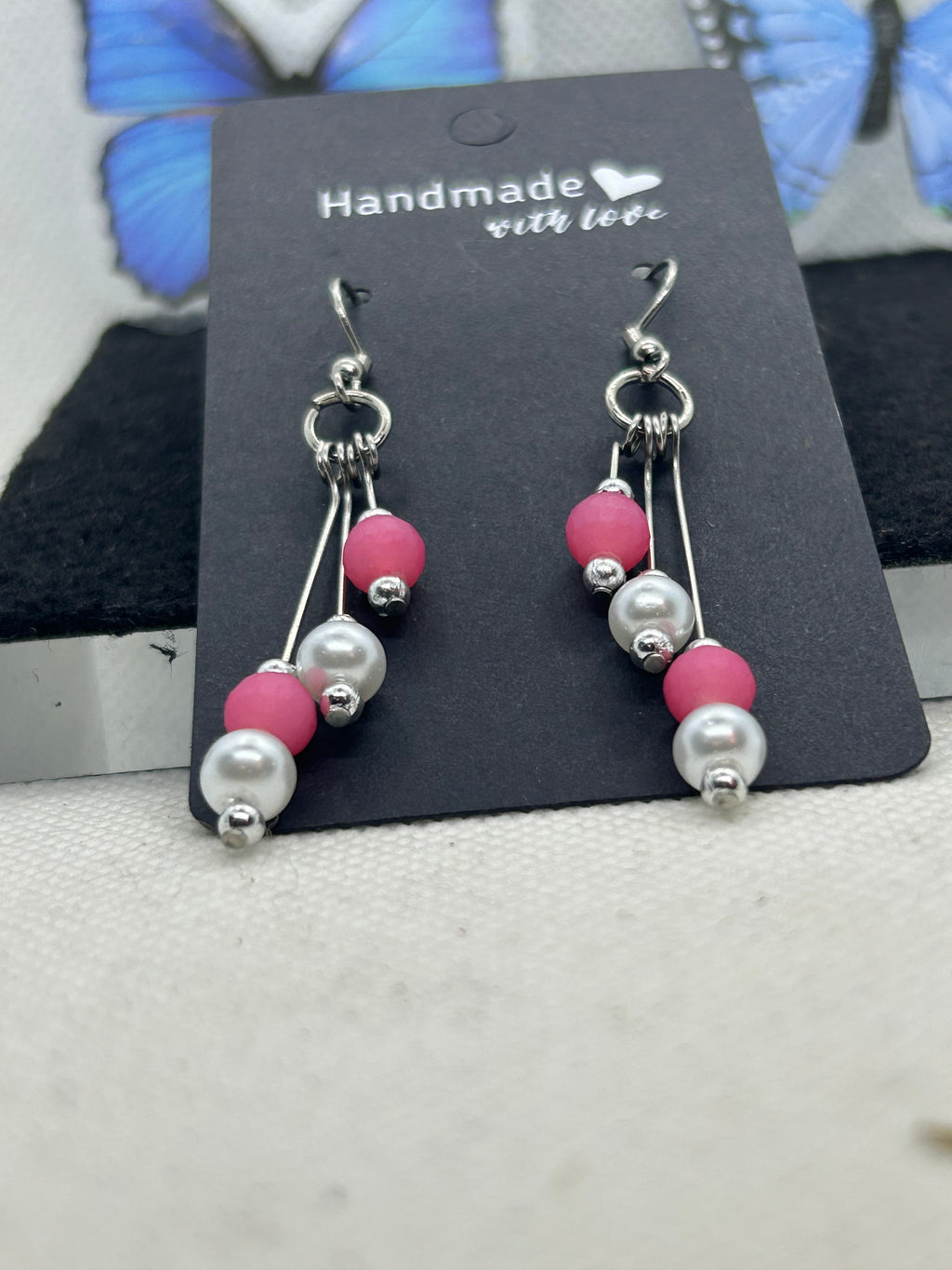 Pink and Silver Beaded Earrings