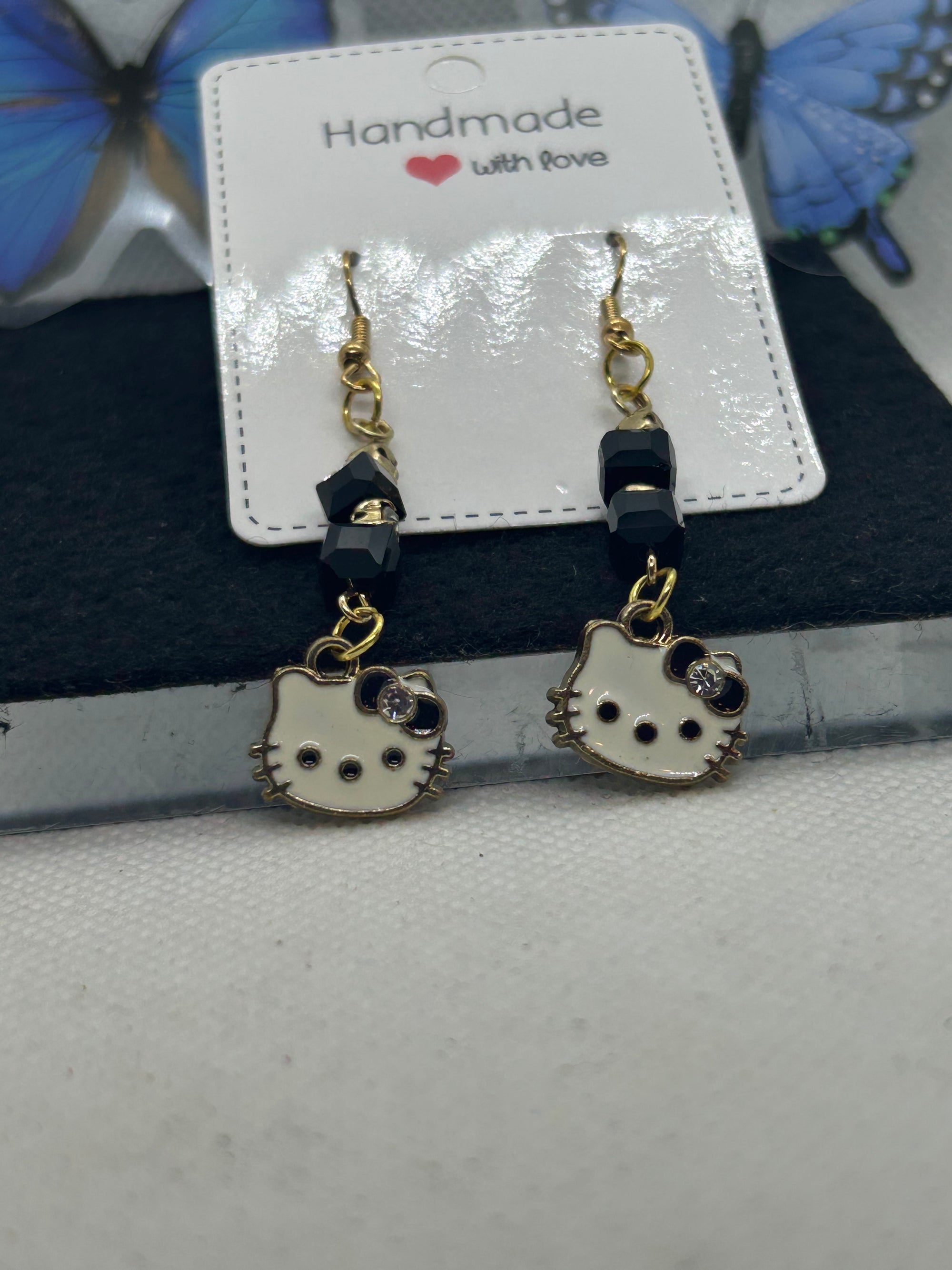 Gold Black Kitty Earrings