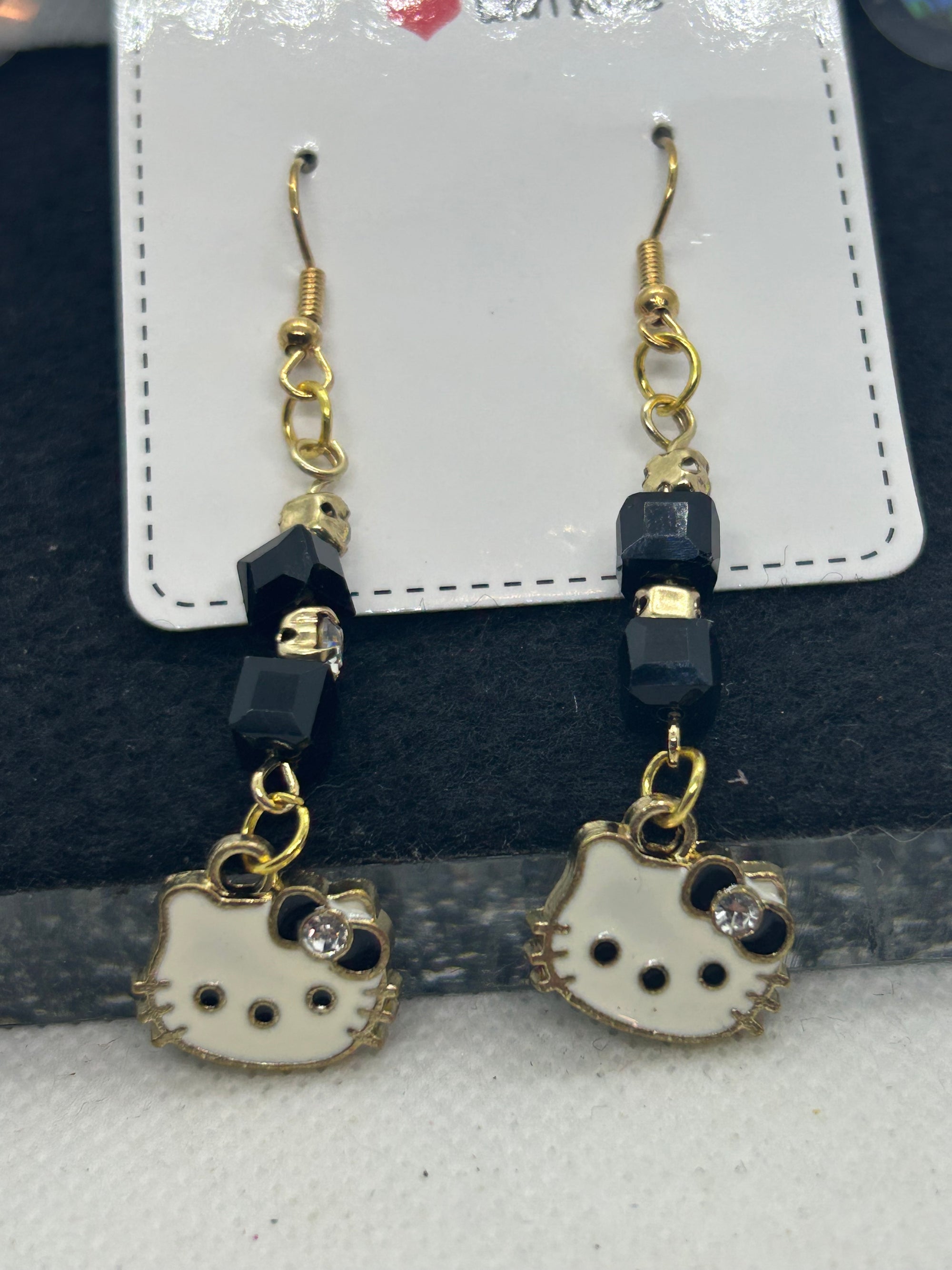 Gold Black Kitty Earrings