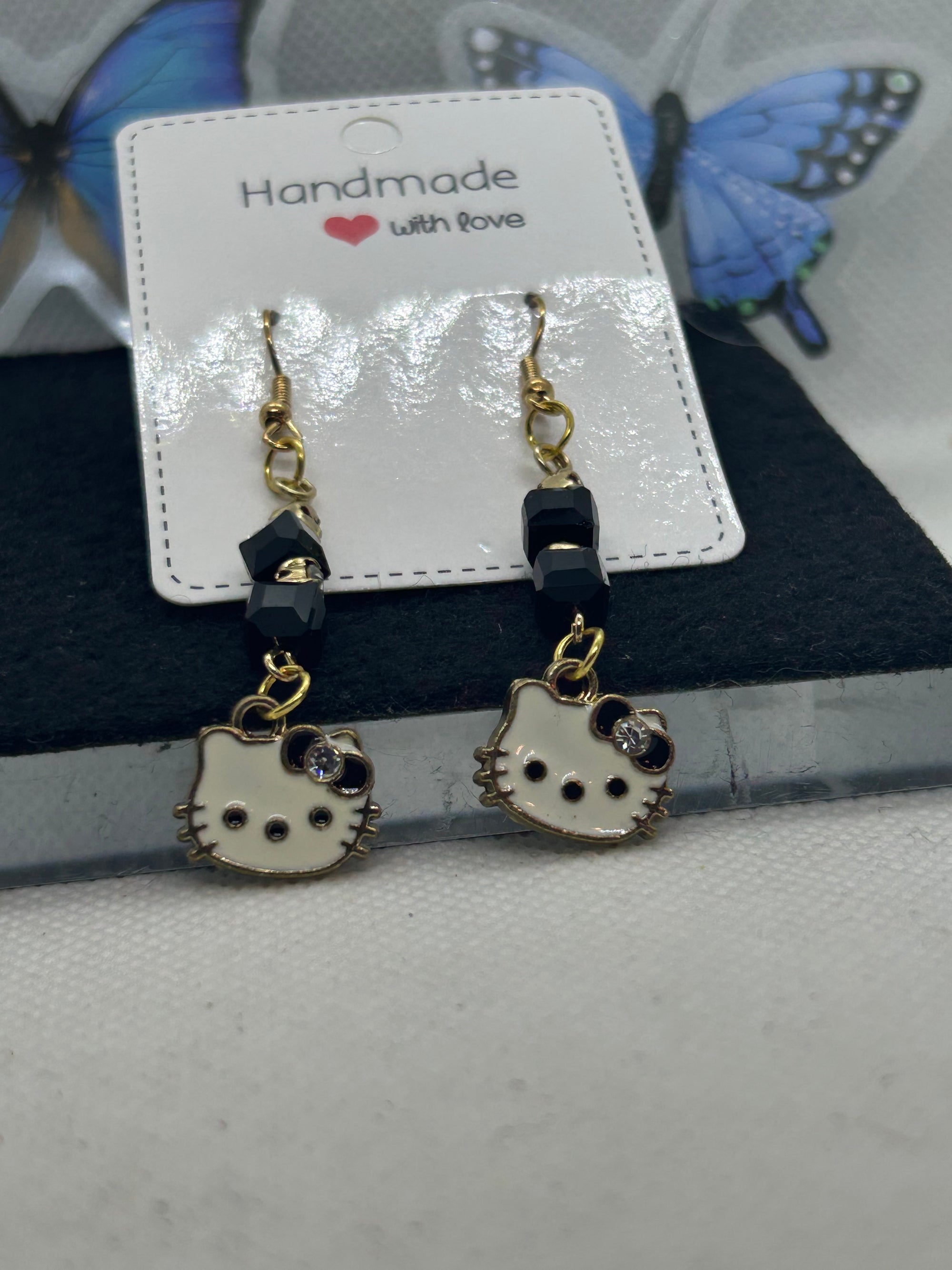 Gold Black Kitty Earrings
