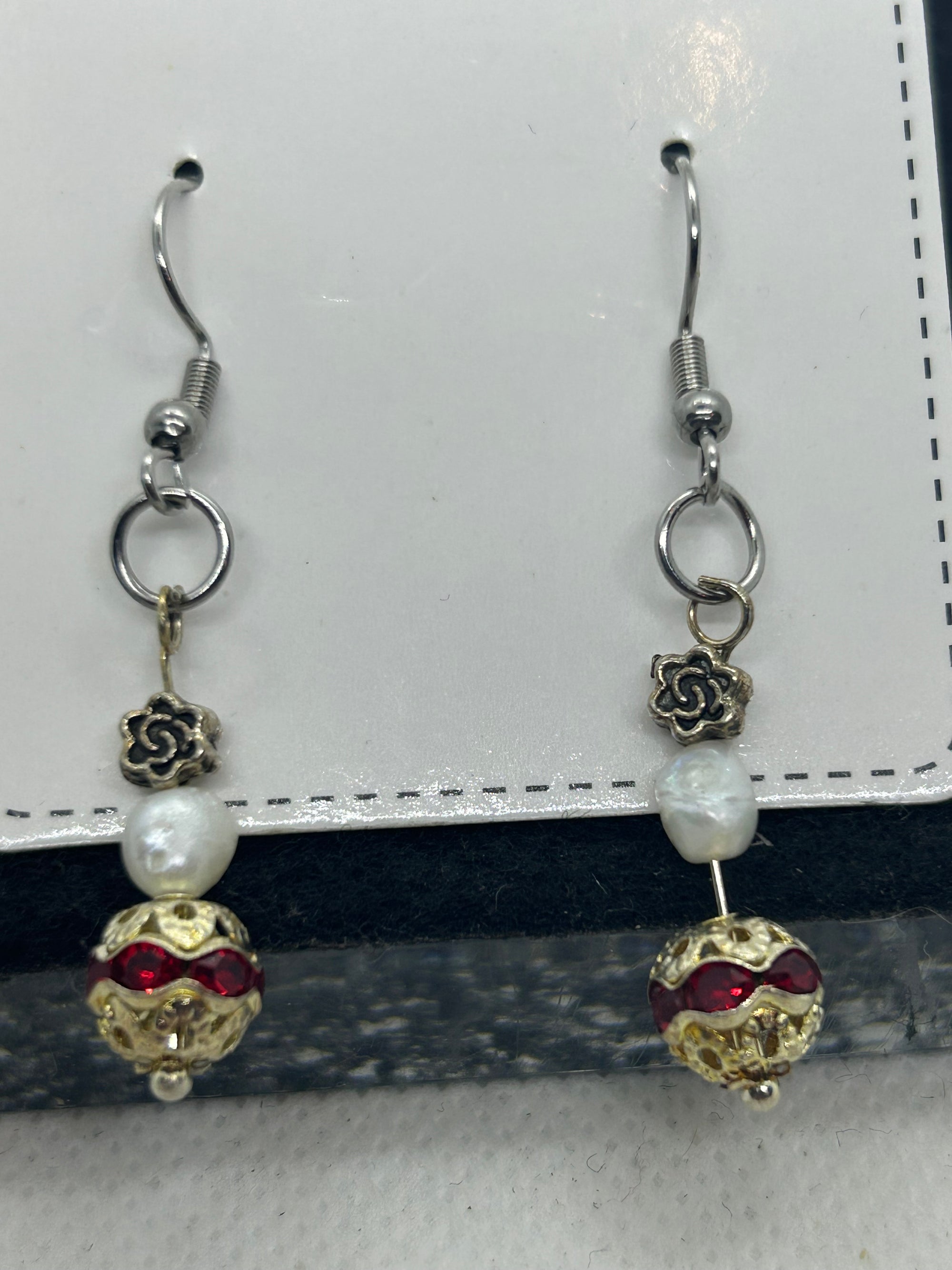 Red Rhinestone Fresh Water Pearl Earrings