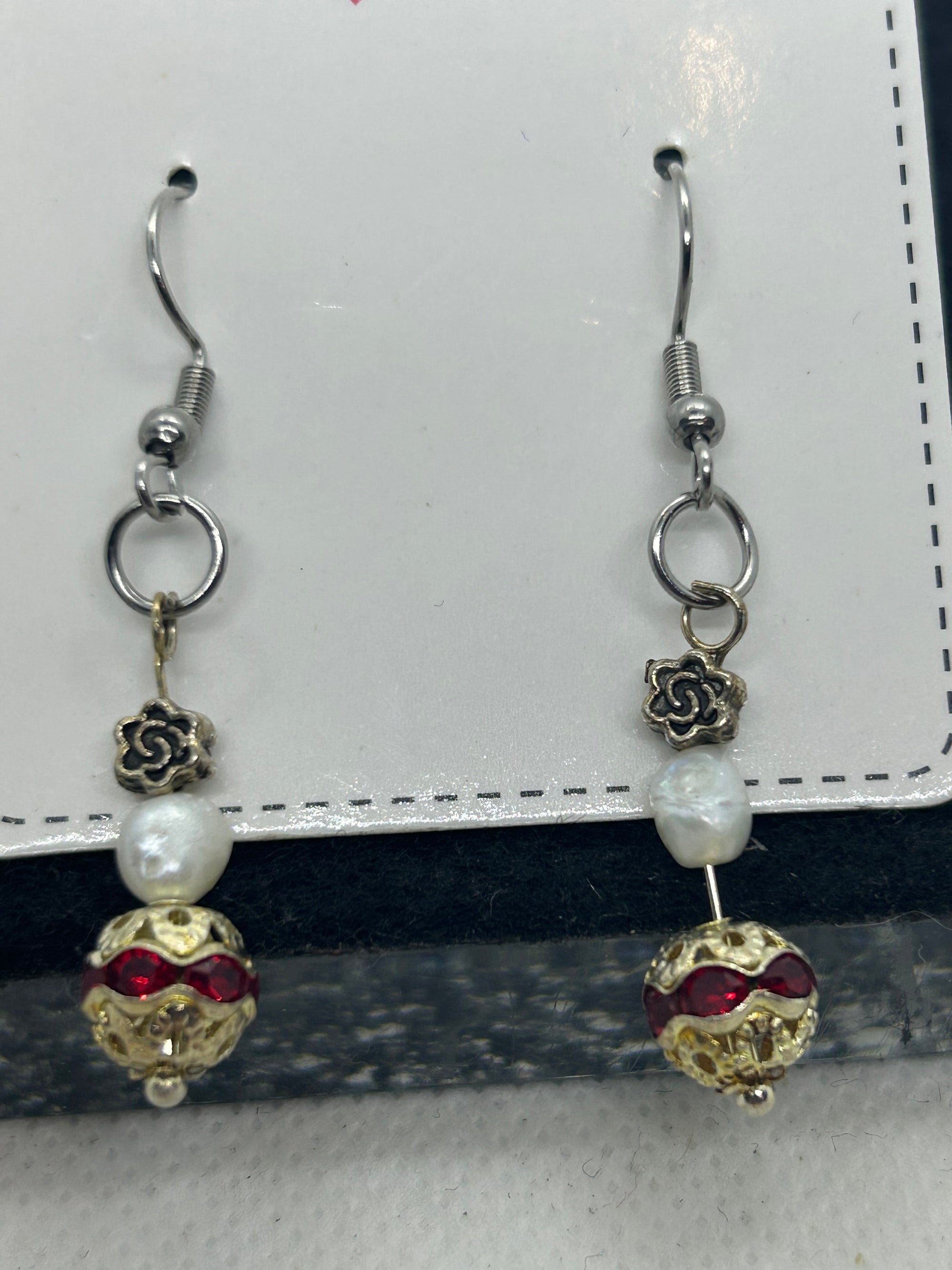 Red Rhinestone Fresh Water Pearl Earrings