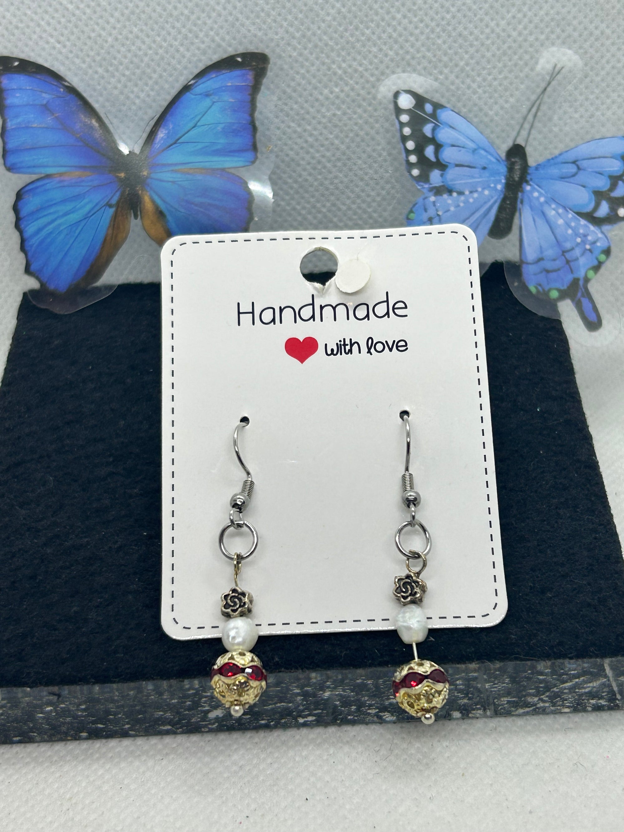 Red Rhinestone Fresh Water Pearl Earrings