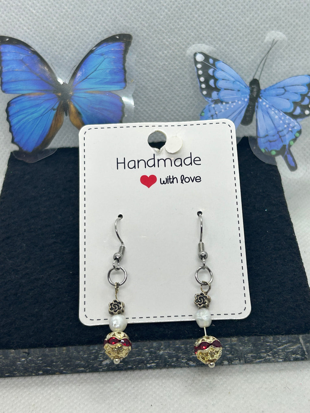 Red Rhinestone Fresh Water Pearl Earrings