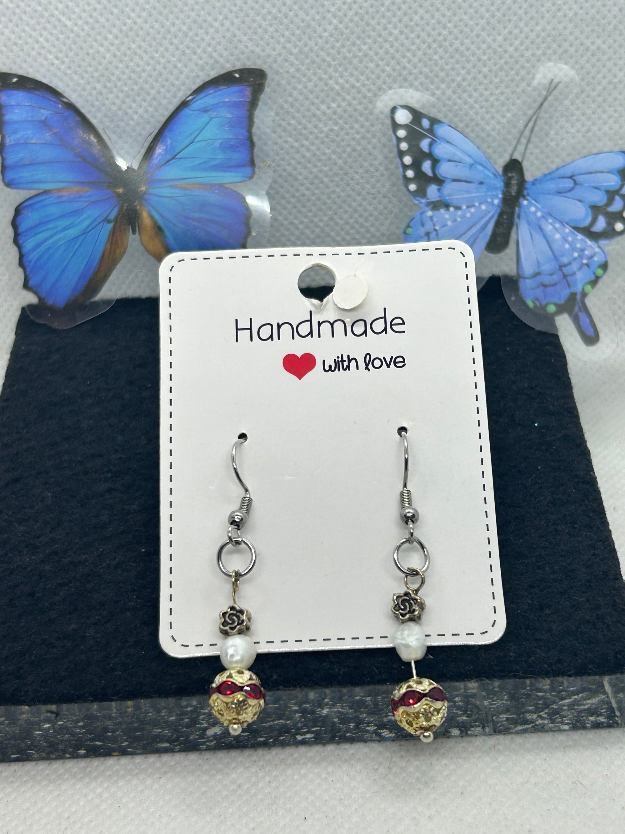 Red Rhinestone Fresh Water Pearl Earrings