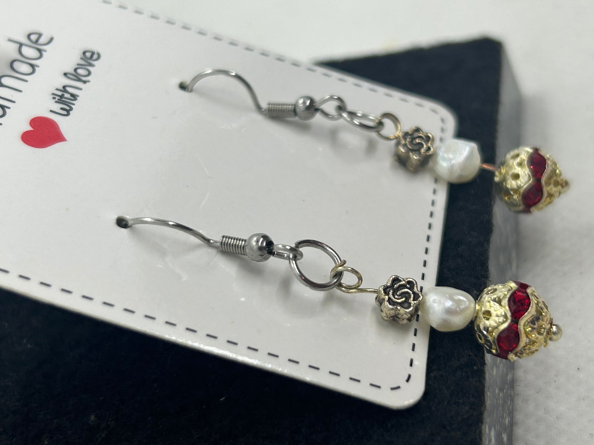 Red Rhinestone Fresh Water Pearl Earrings