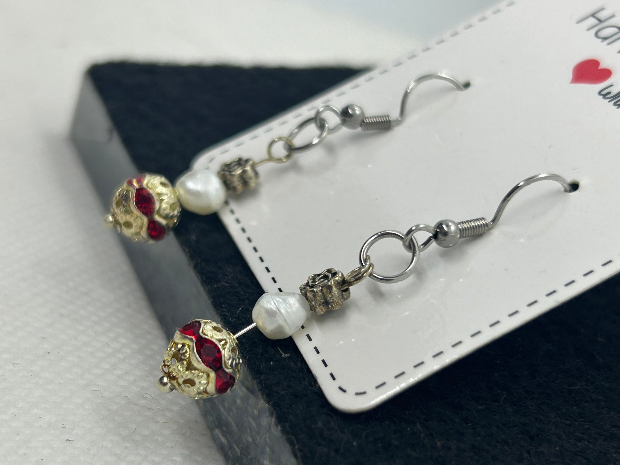 Red Rhinestone Fresh Water Pearl Earrings