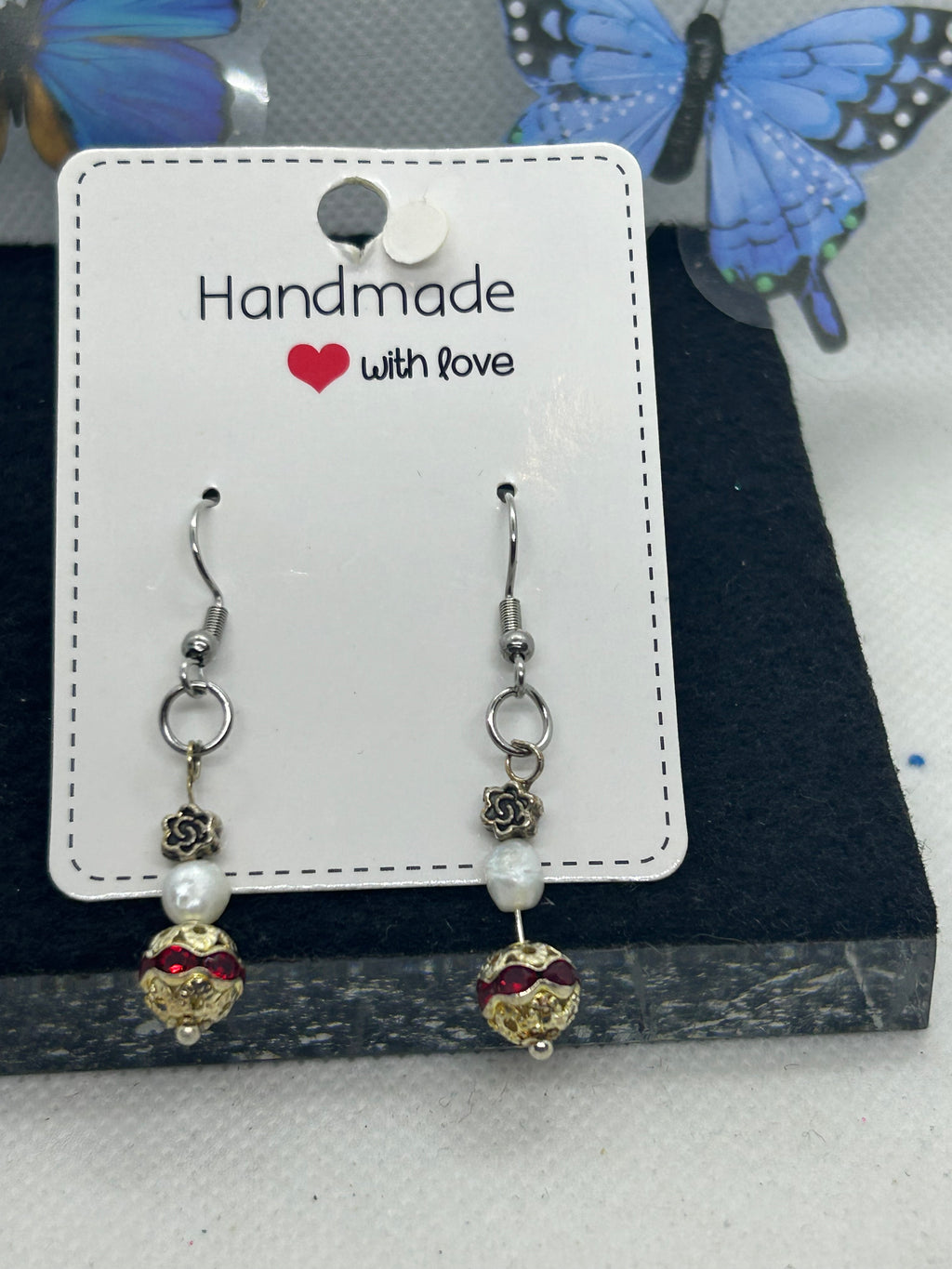 Red Rhinestone Fresh Water Pearl Earrings