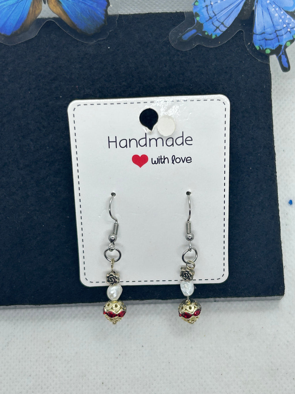 Red Rhinestone Fresh Water Pearl Earrings