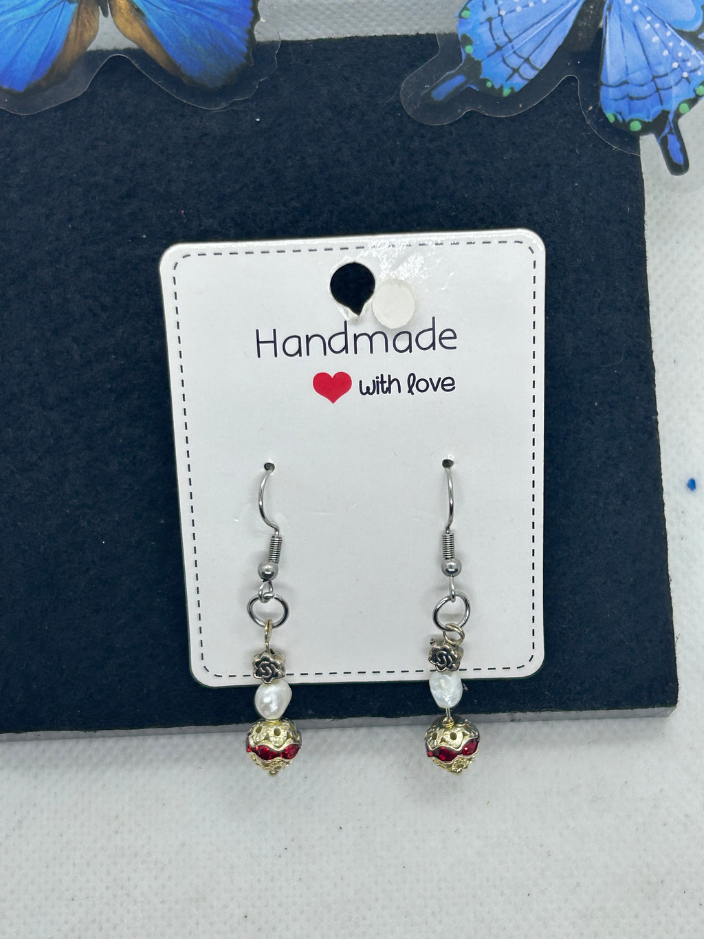 Red Rhinestone Fresh Water Pearl Earrings