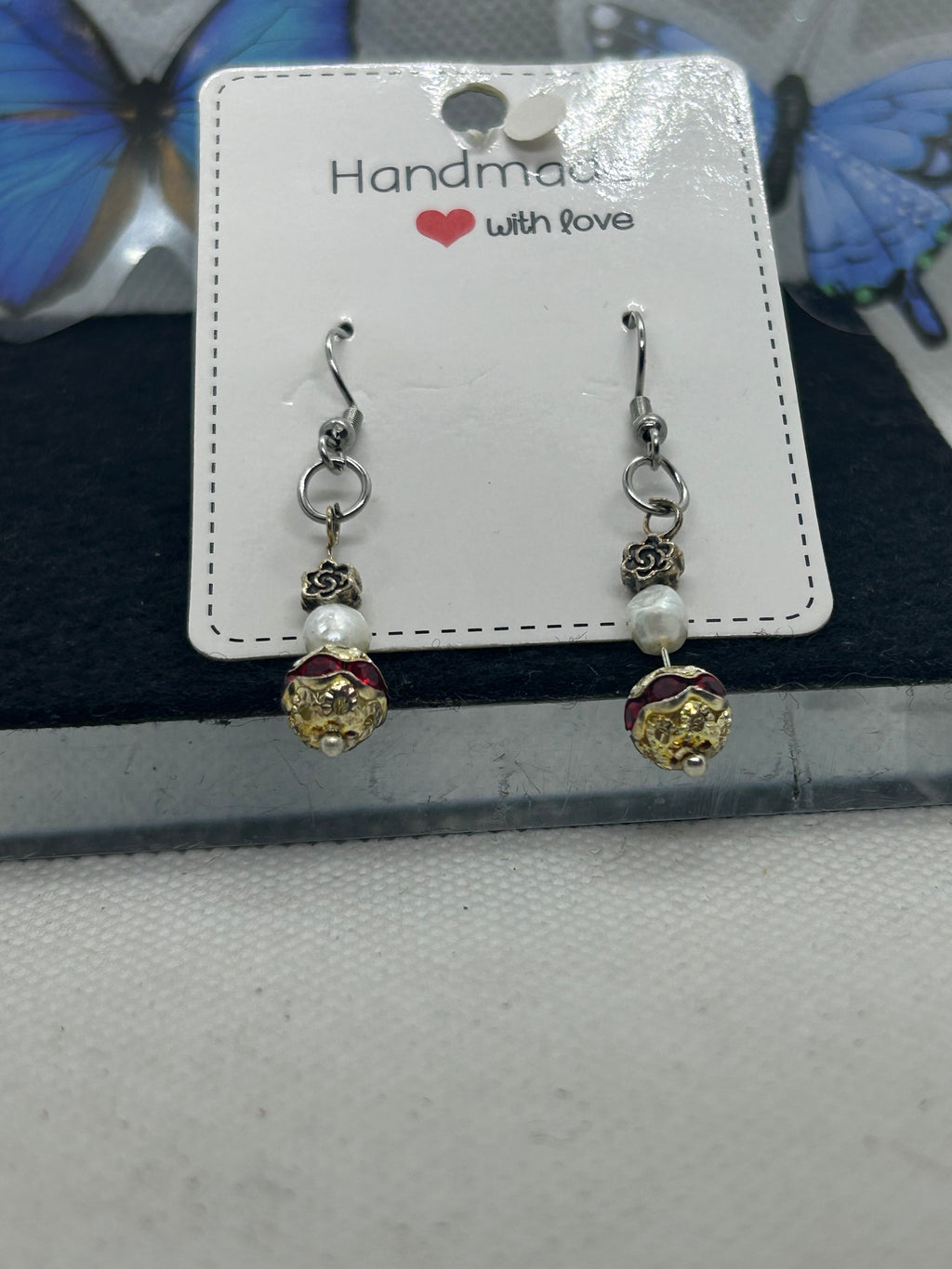 Red Rhinestone Fresh Water Pearl Earrings