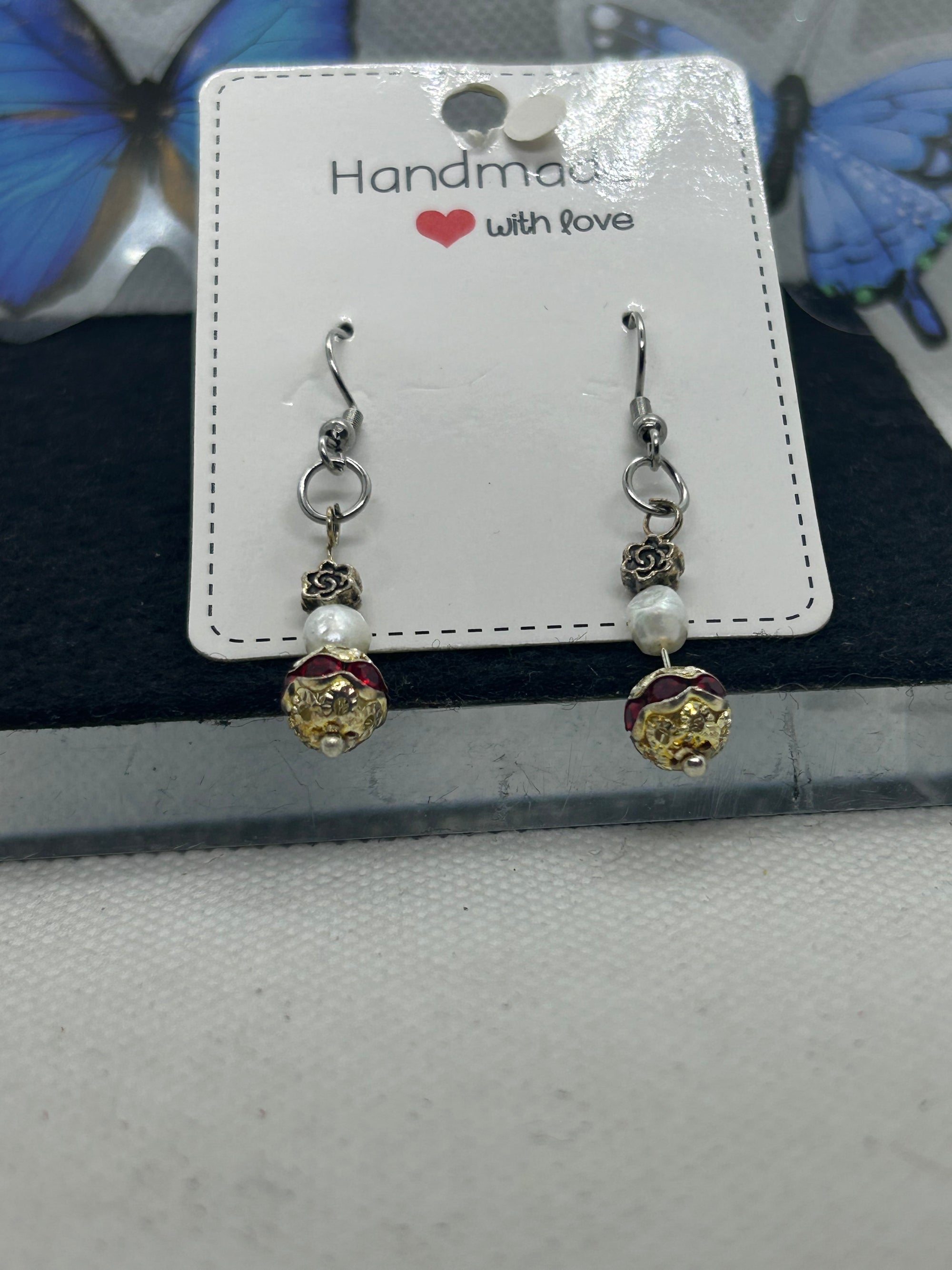 Red Rhinestone Fresh Water Pearl Earrings