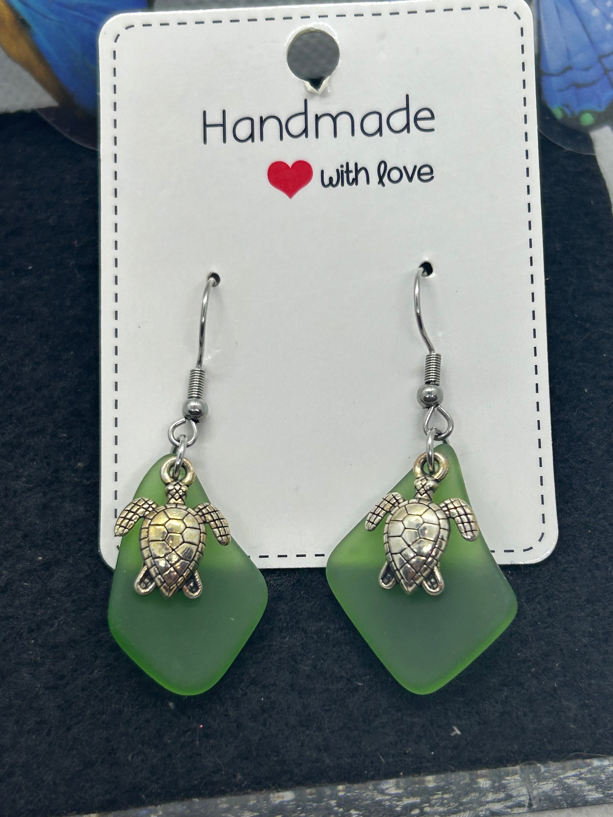Green Seaglass Turtle Earrings