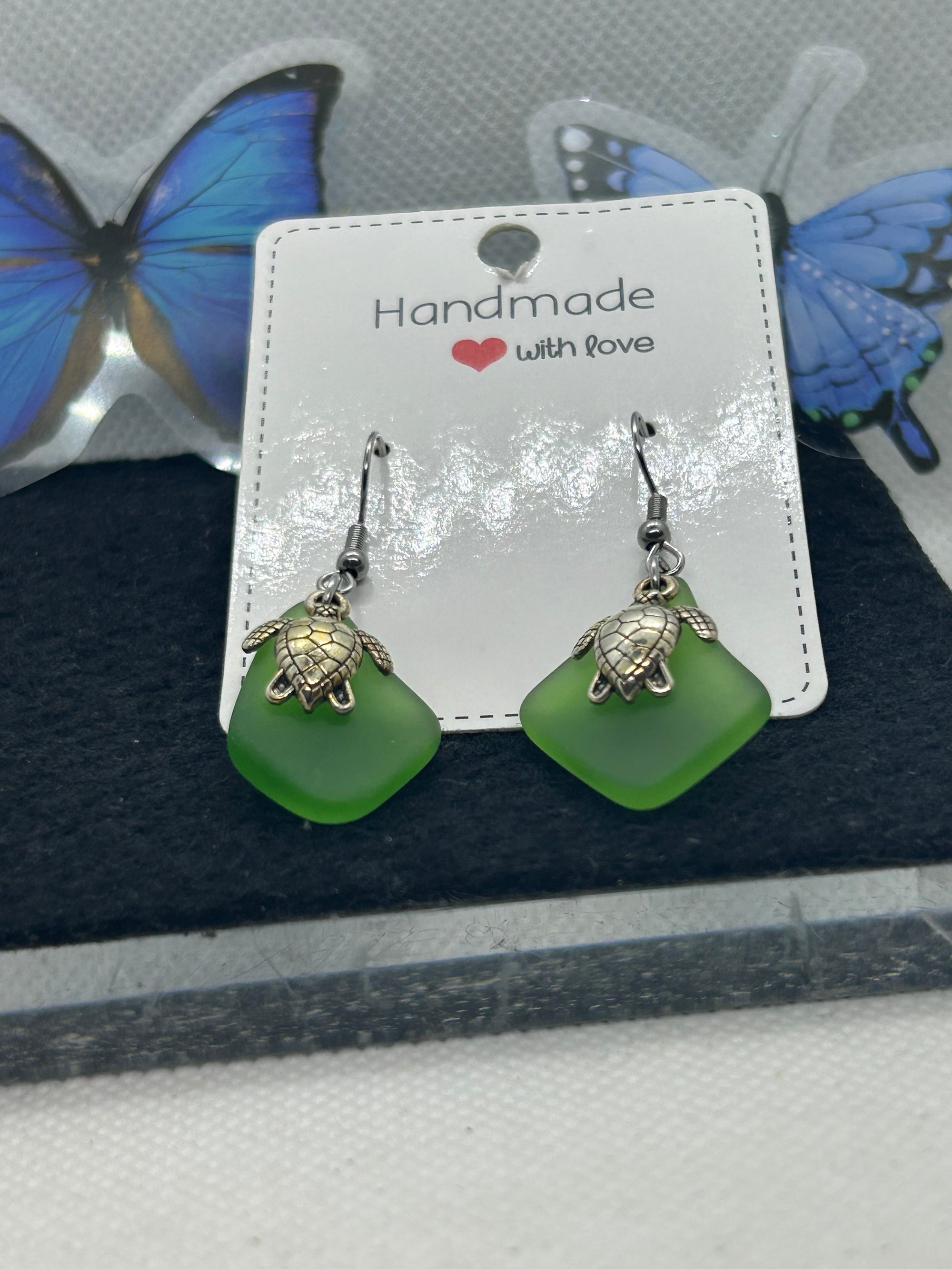 Green Seaglass Turtle Earrings
