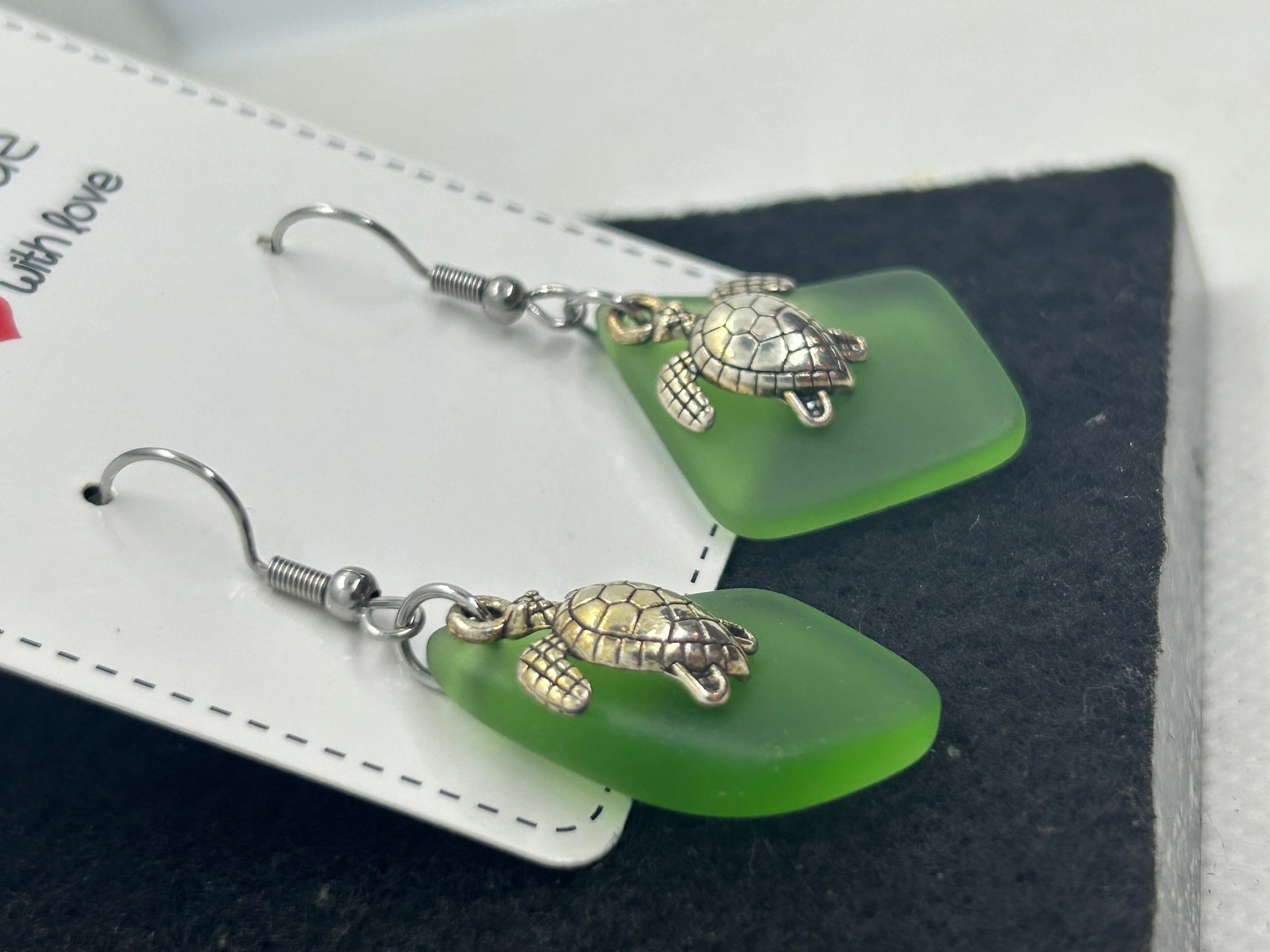 Green Seaglass Turtle Earrings