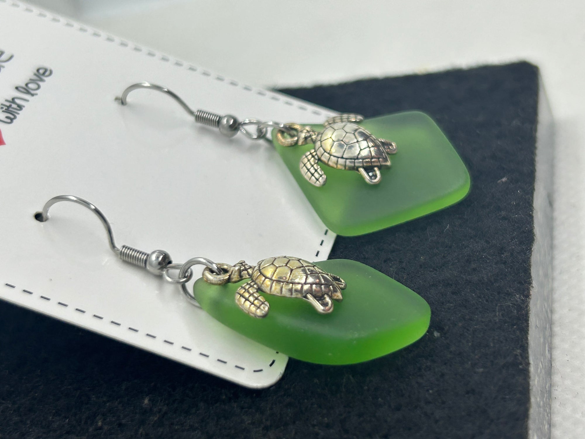 Green Seaglass Turtle Earrings