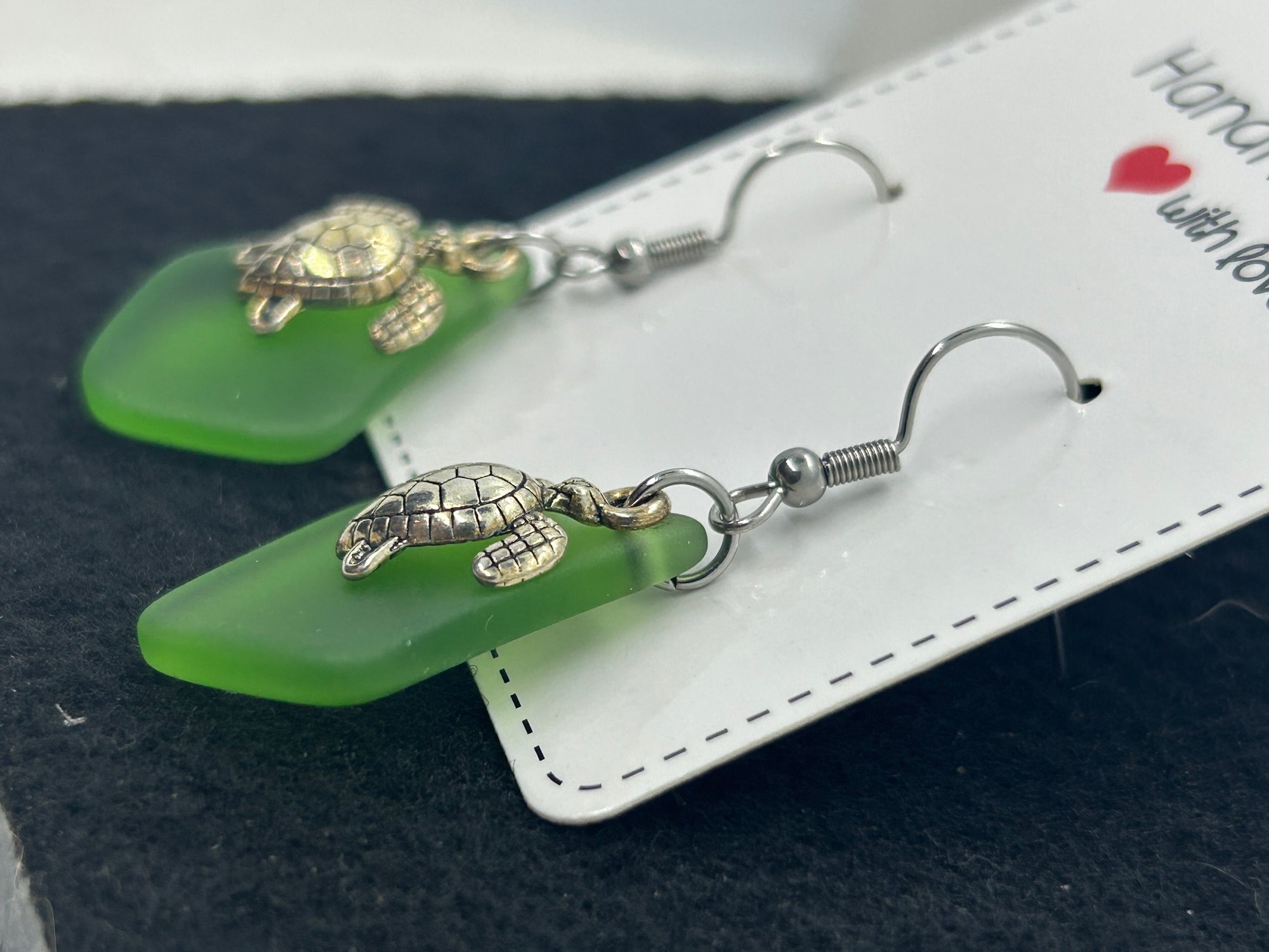 Green Seaglass Turtle Earrings