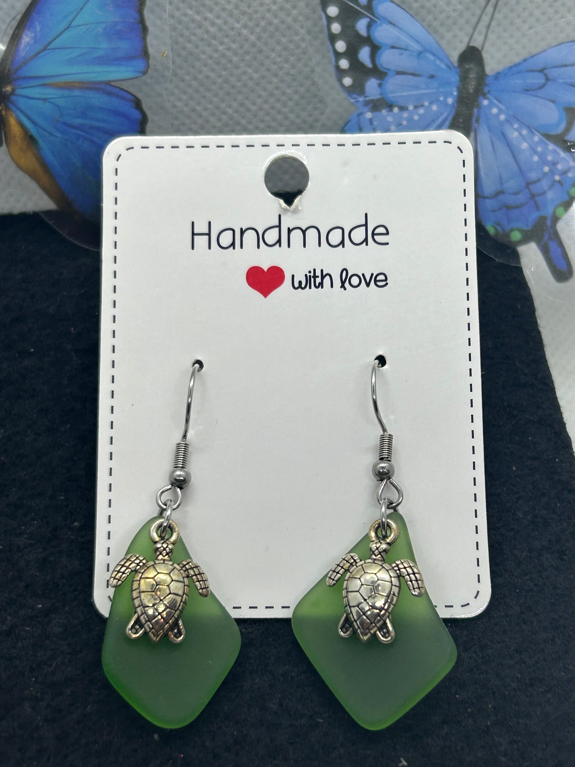 Green Seaglass Turtle Earrings