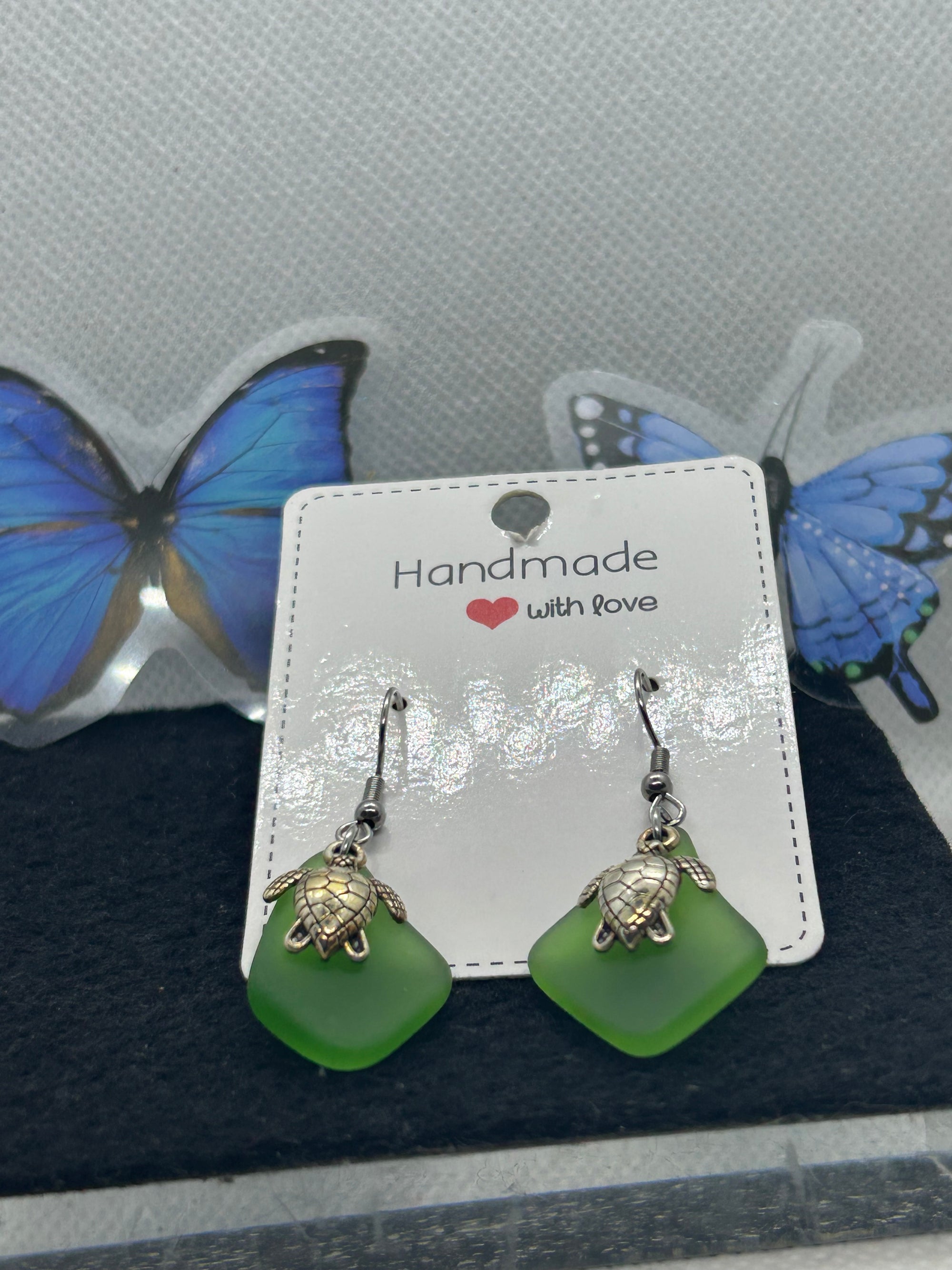 Green Seaglass Turtle Earrings