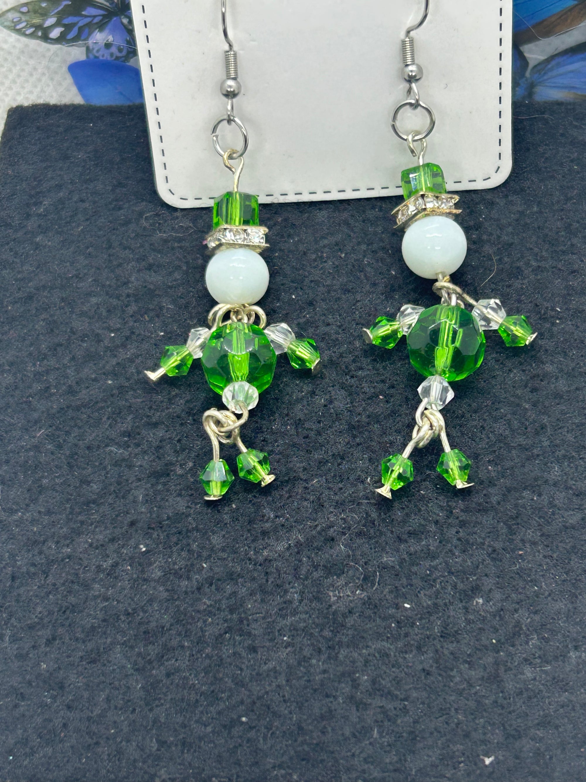 Green and White little Man Earrings