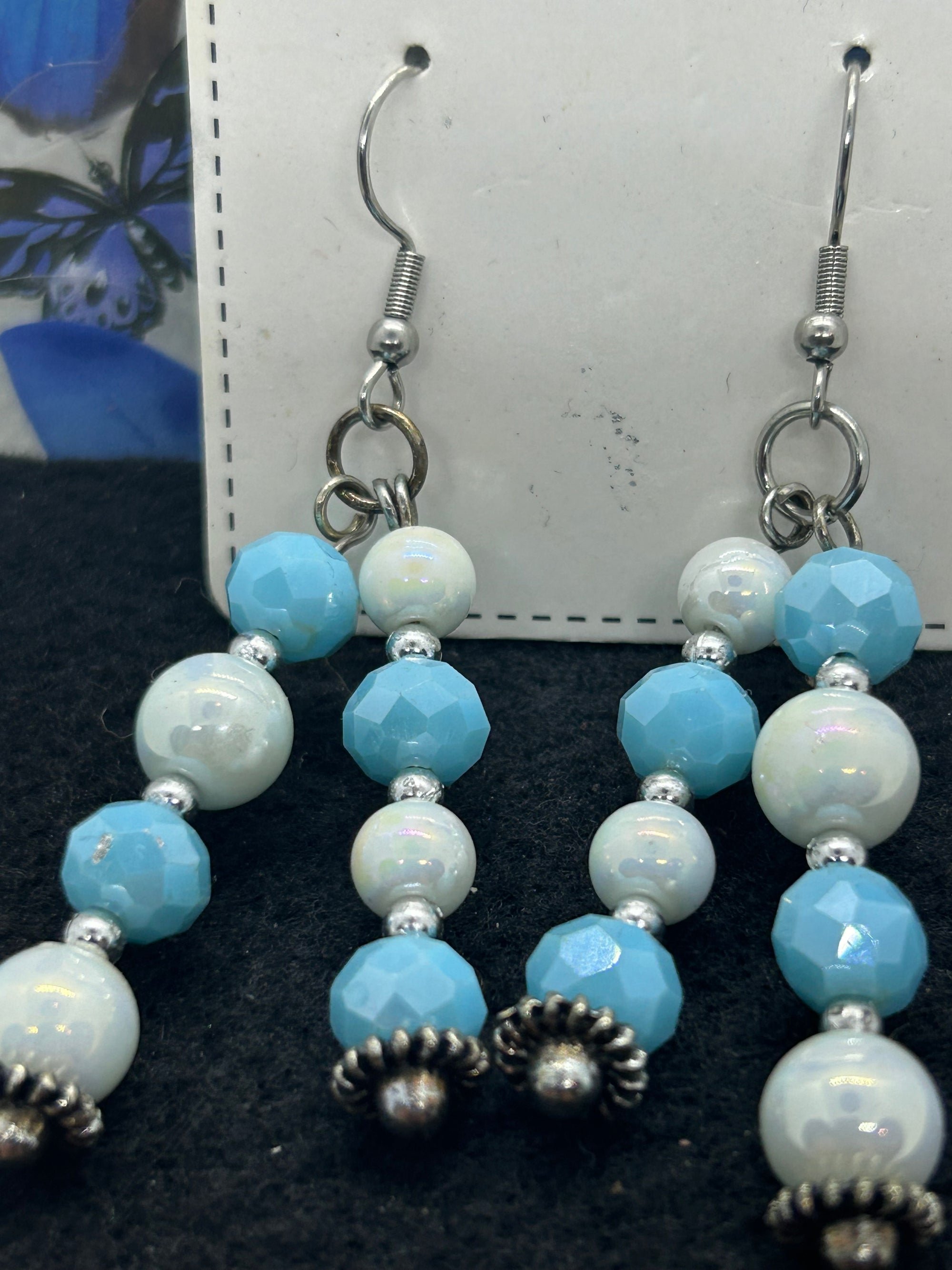 Blue and White Beaded Earrings