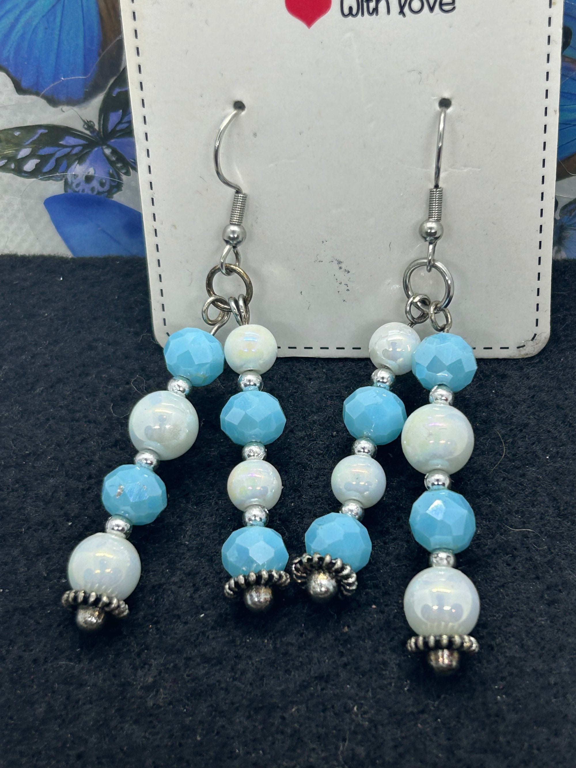 Blue and White Beaded Earrings