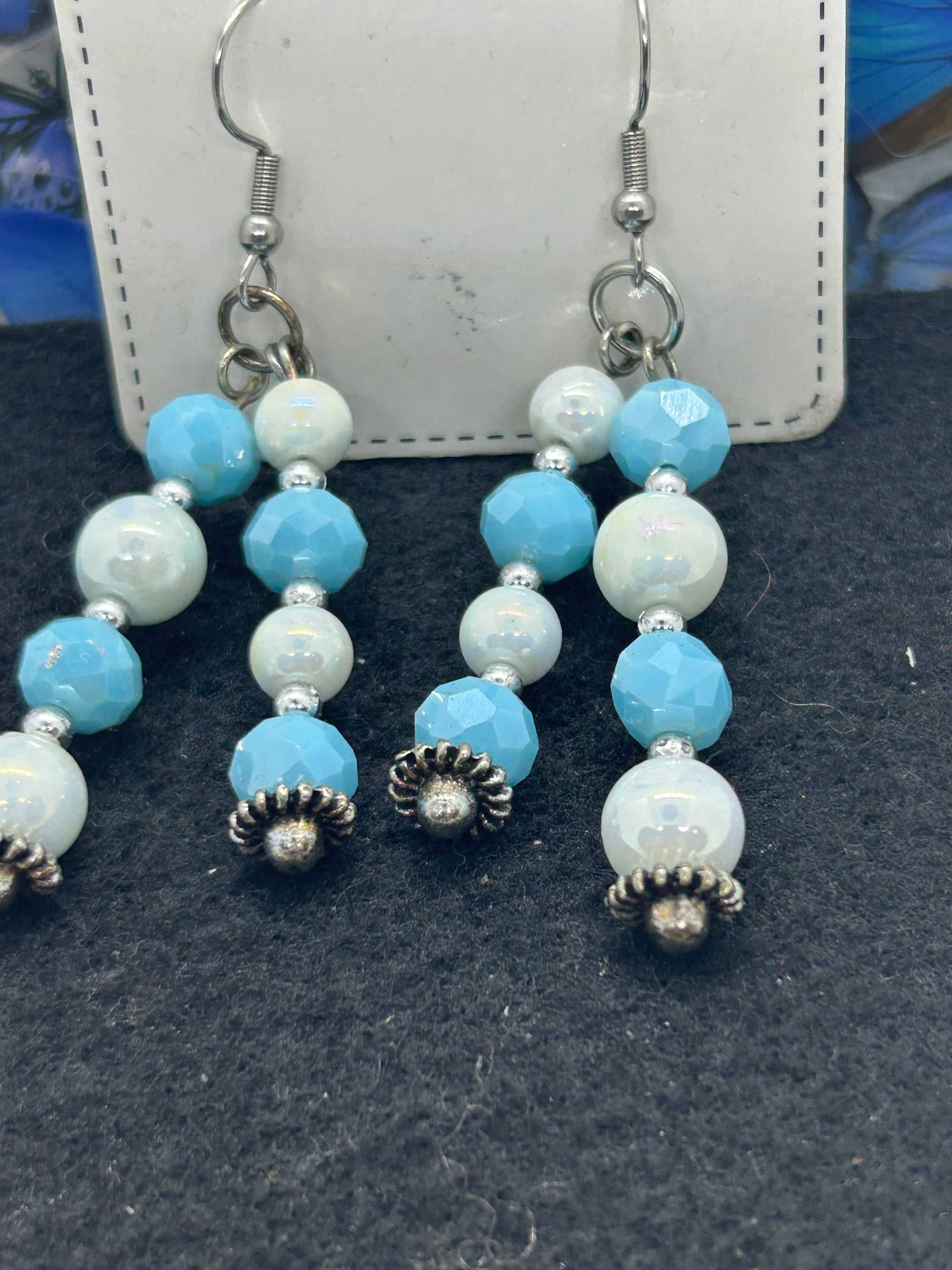 Blue and White Beaded Earrings
