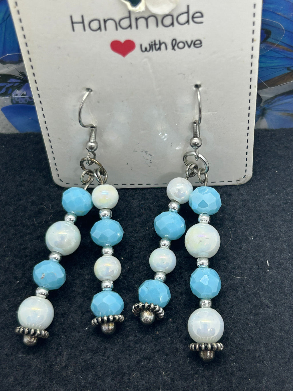 Blue and White Beaded Earrings