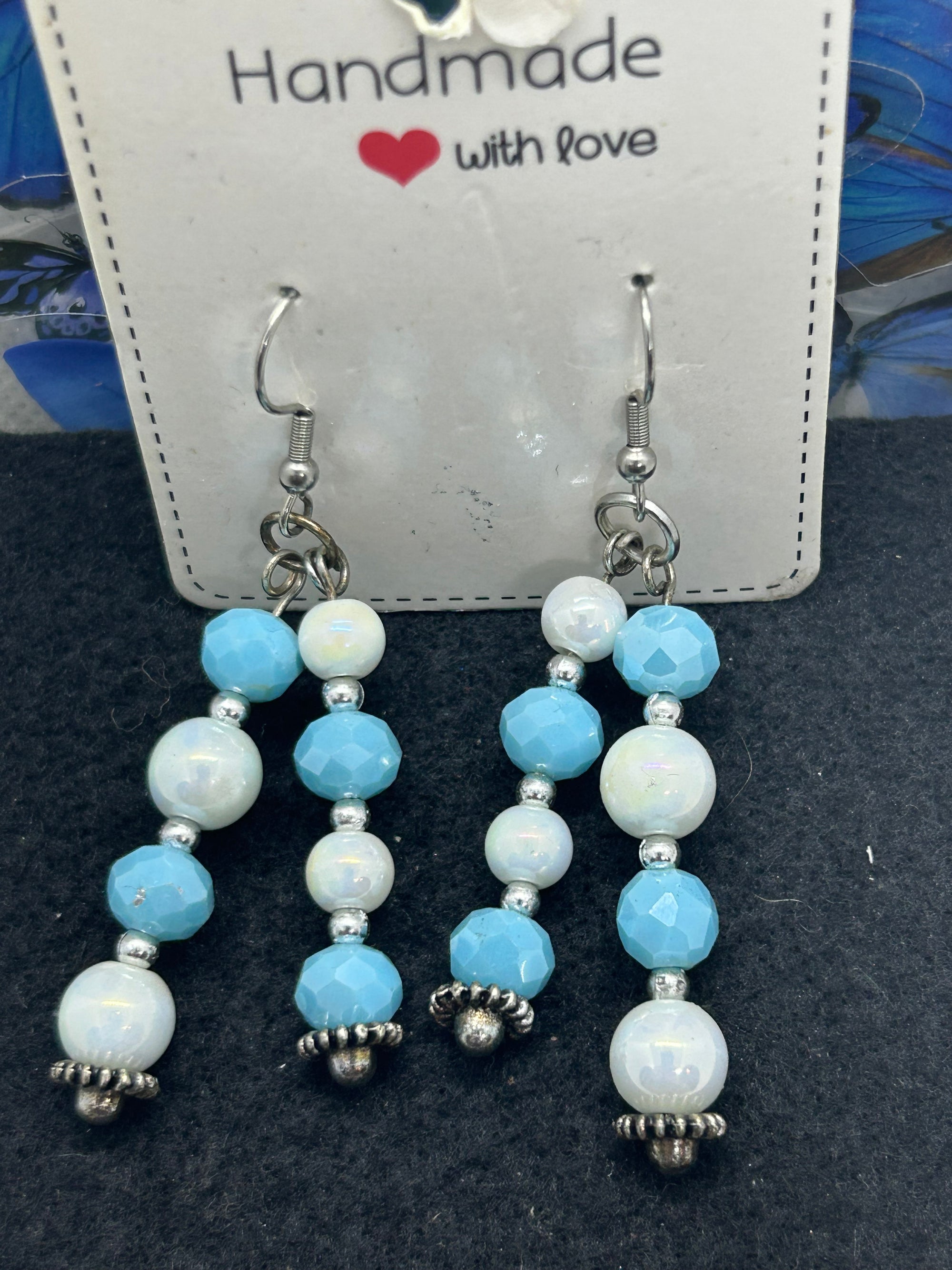 Blue and White Beaded Earrings