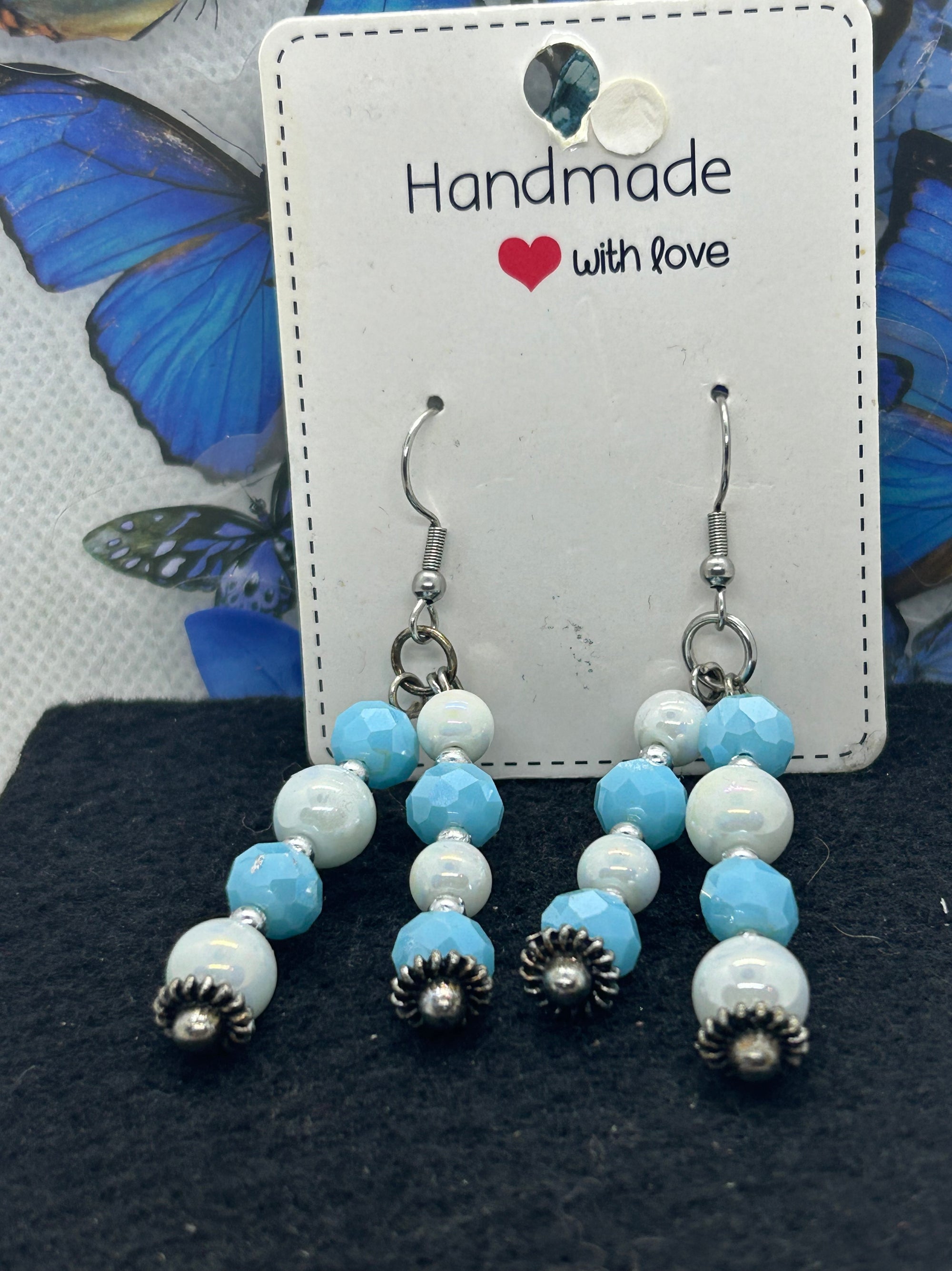 Blue and White Beaded Earrings